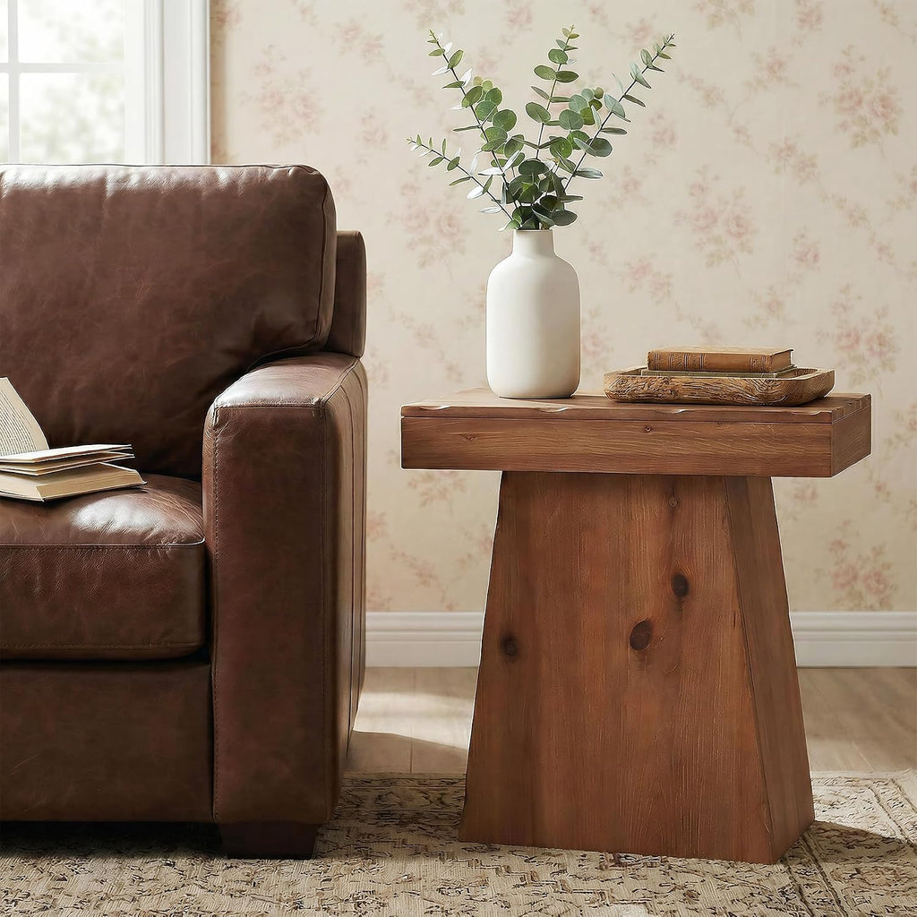 Solid End Table, 23.6" Wood Side Table with Trapezoid Base for Small Space, Living Room, Easy Assembly, Warm Walnut Brown