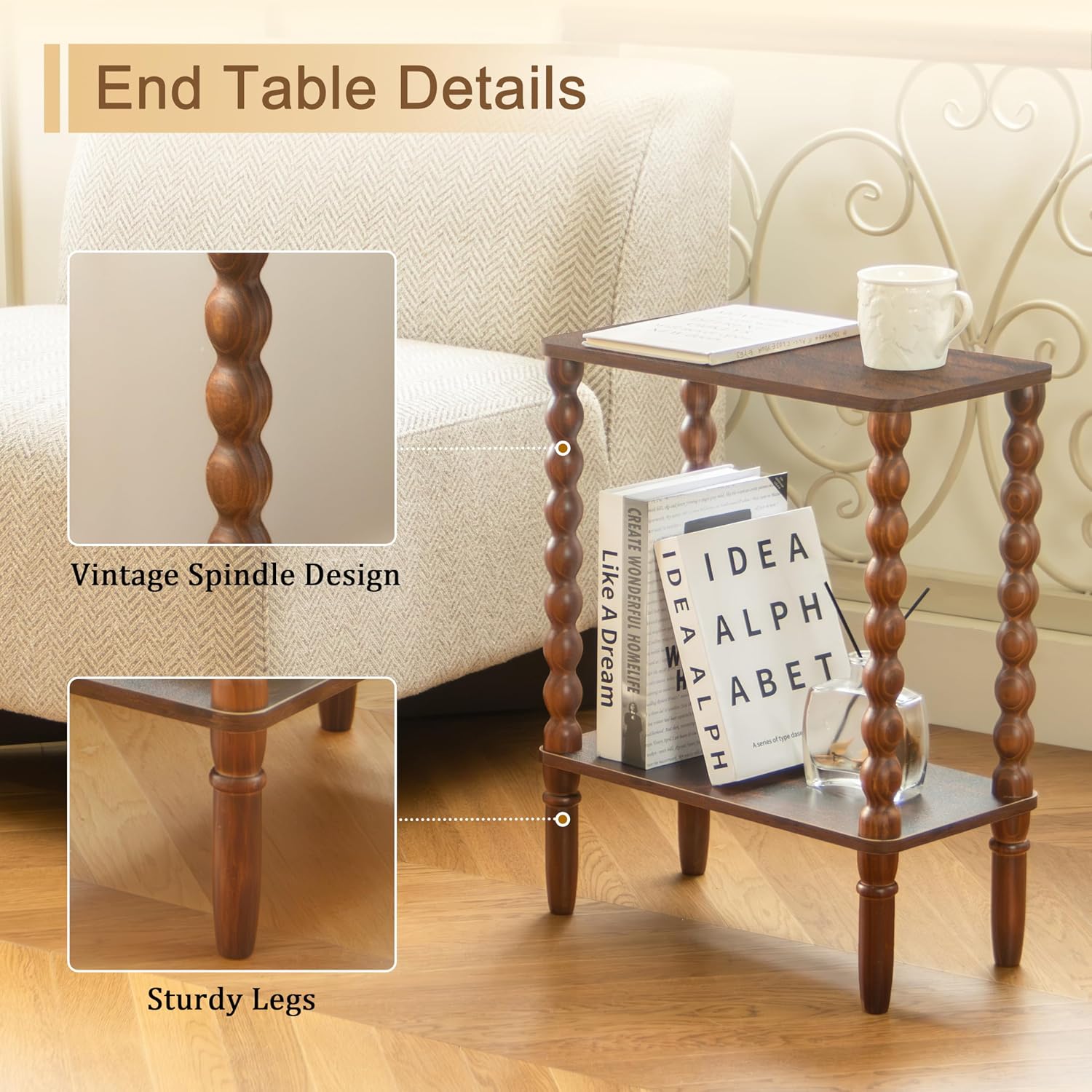 Fultyle Small Narrow End Table, Narrow Side Table Living Room with Storage, 2-Tier Wood Accent Table Slim Nightstand for Small Spaces, Office, Bedroom (Rustic Brown)