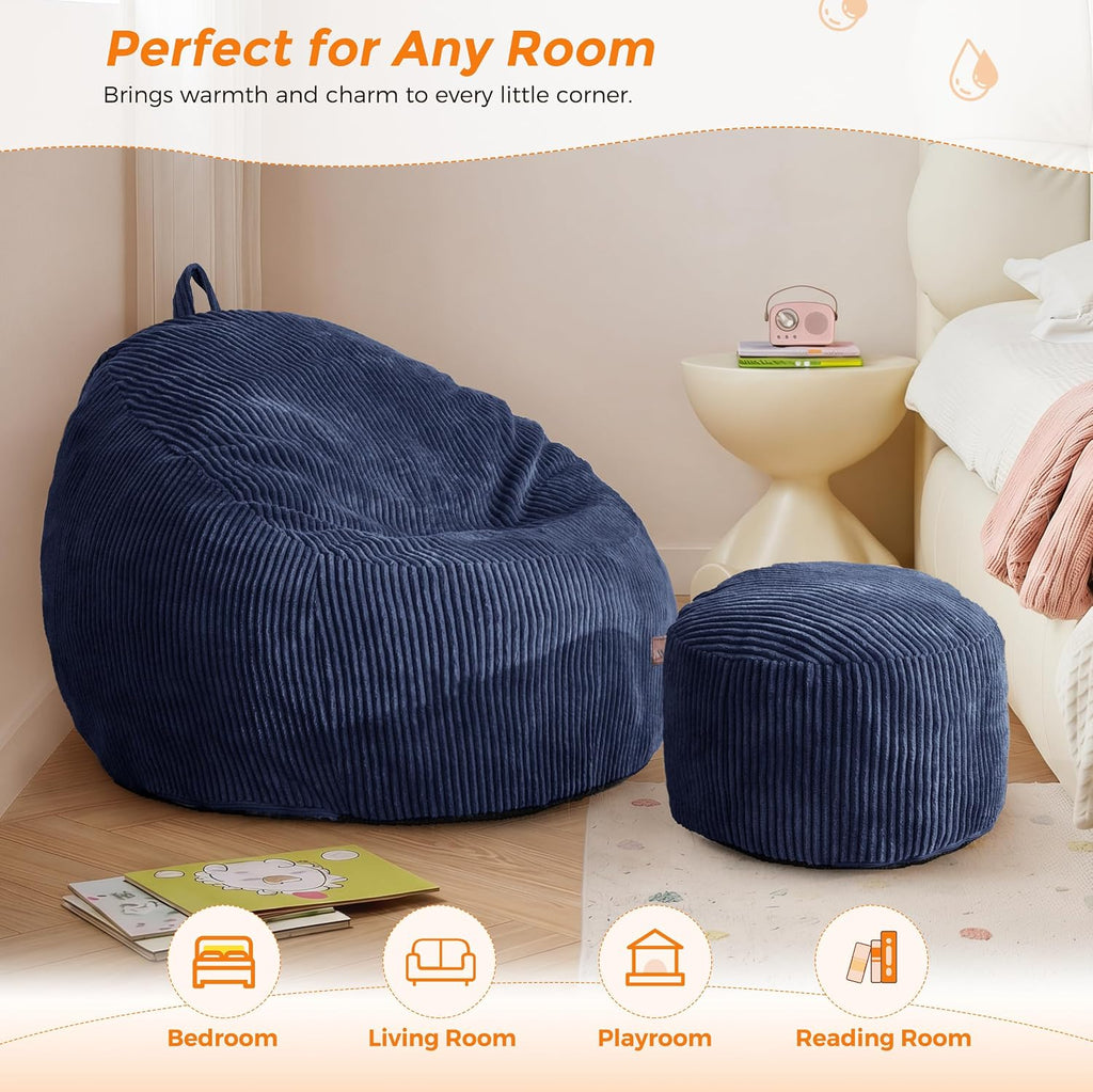 MAXYOYO Kids Bean Bag Chair with Ottoman, Soft Plush Bean Bag Sofa with Removable Cover for Boys and Girls, Convenient Floor Seat with Handle, Comfy Toddler Lounge Chair for Playroom, Bedroom, Navy