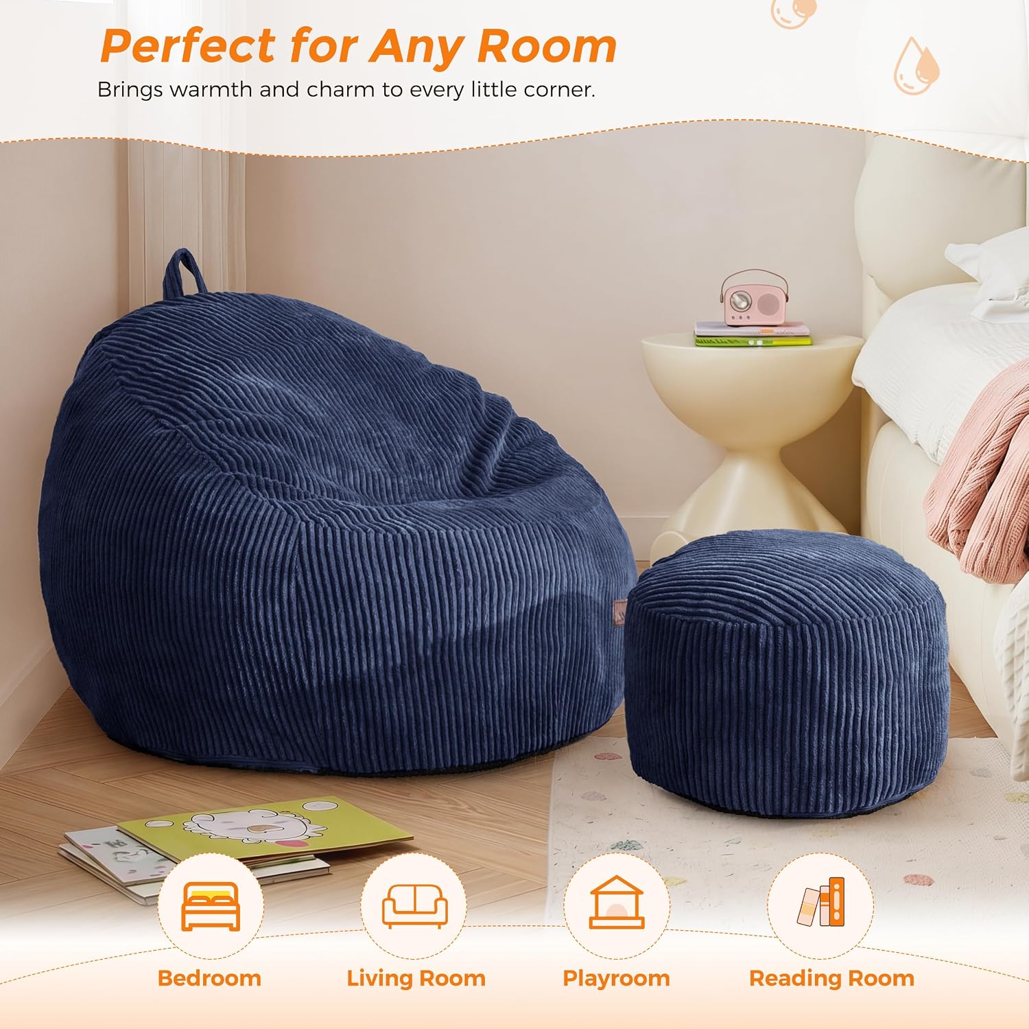 MAXYOYO Kids Bean Bag Chair with Ottoman, Soft Plush Bean Bag Sofa with Removable Cover for Boys and Girls, Convenient Floor Seat with Handle, Comfy Toddler Lounge Chair for Playroom, Bedroom, Navy