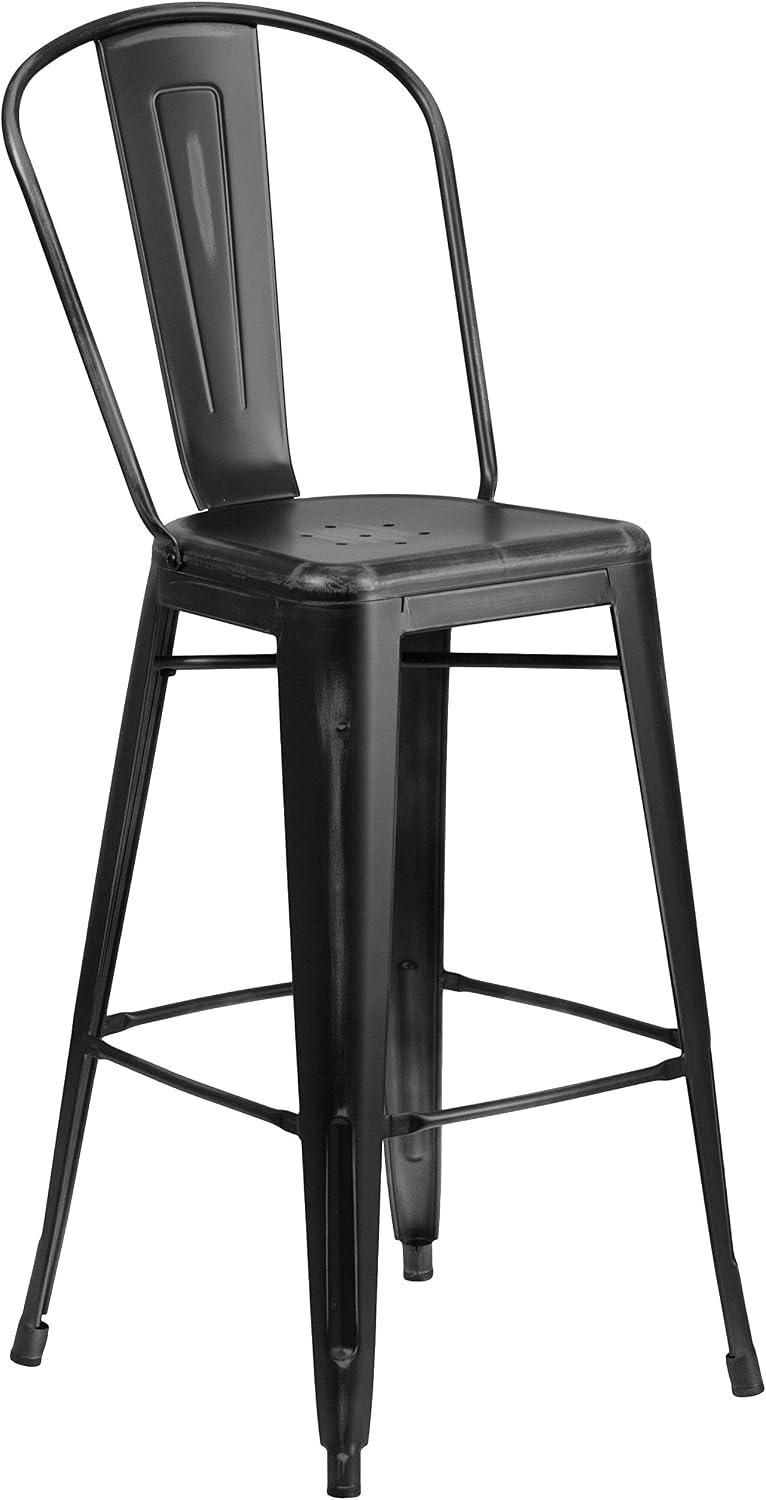 EMMA + OLIVER Commercial Grade 30" H Distressed Black Metal Indoor-Outdoor Barstool w/Back