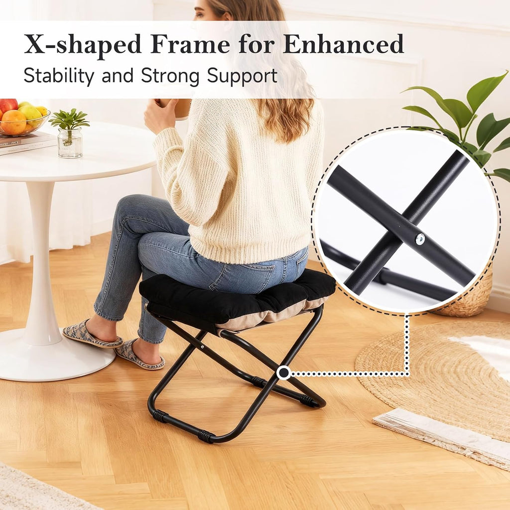 Welnow Folding Foot Stool, Upholstered Small Accent Ottoman with Detachable Thick Cotton Cushion, Padded Sofa Stool with Straight Metal Legs for Lazy Chair, Living Room, Bedroom, Black