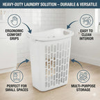 Bushel Laundry Hamper, Slim Rectangular Ventilated Plastic Clothes Basket, Heavy Duty Washing Bin With Reinforced Handles for Bathroom, Dorm, and Closet Organization, White, 1 Pack