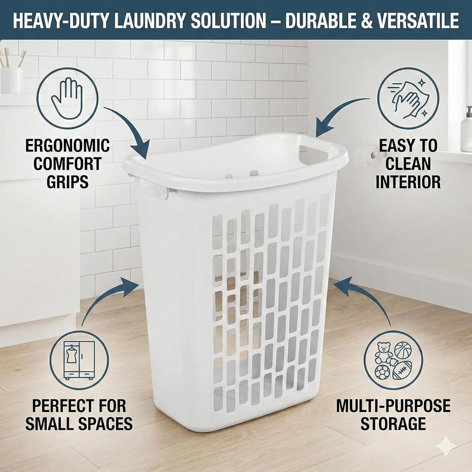 Bushel Laundry Hamper, Slim Rectangular Ventilated Plastic Clothes Basket, Heavy Duty Washing Bin With Reinforced Handles for Bathroom, Dorm, and Closet Organization, White, 1 Pack