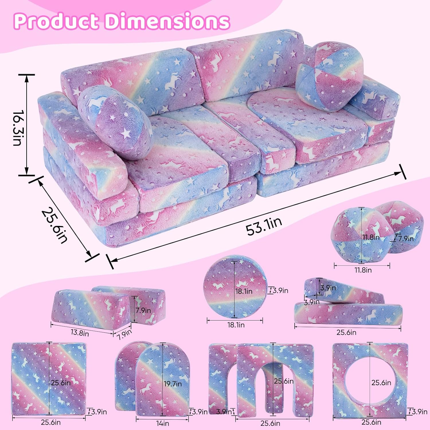 13 PCS Kids Modular Play Set, Glowing Toddler Couch, Kid Play Sofa for Playroom and Bedroom (Rainbow)