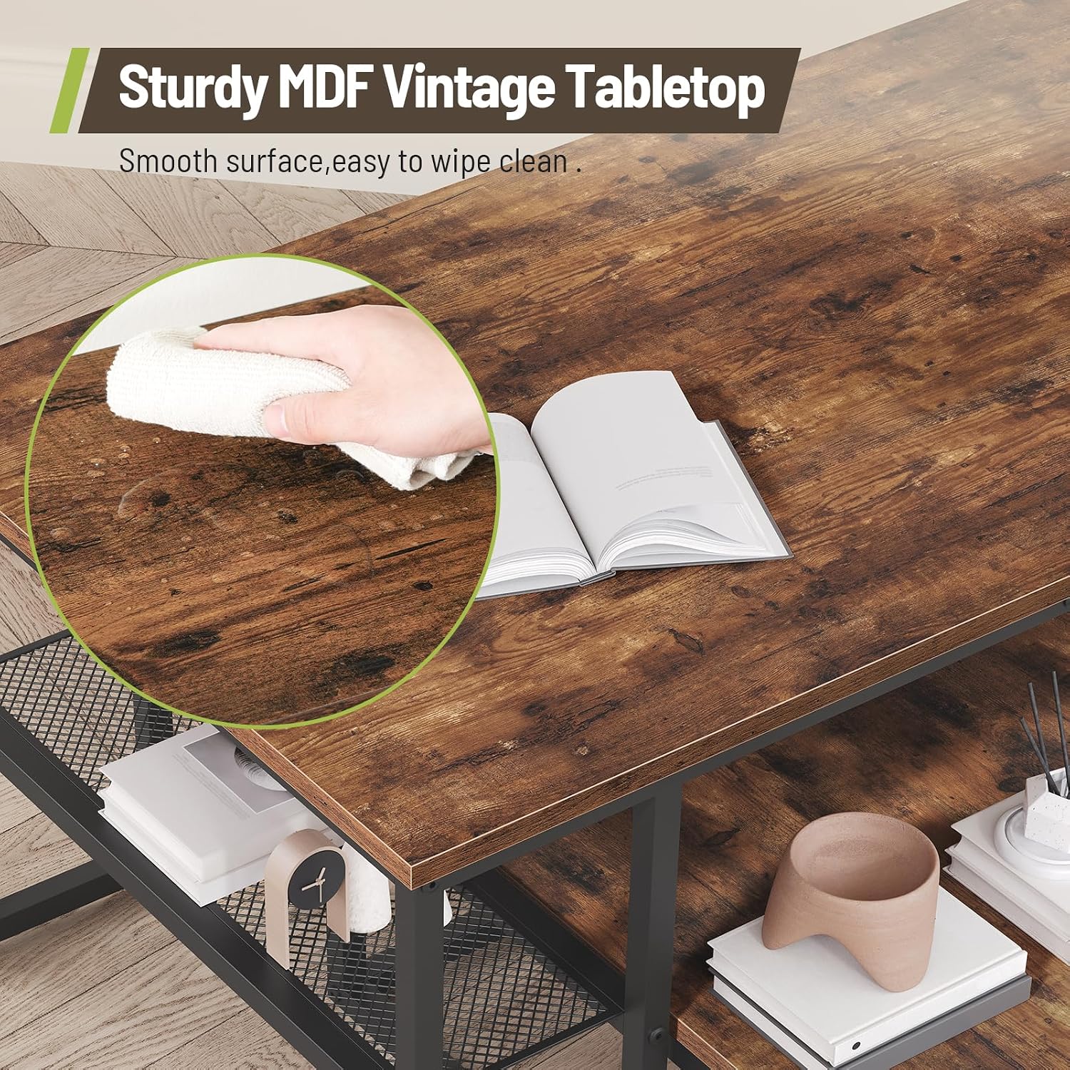 Coffee Table Set of 4, Nesting Coffee Table and 2 Side Tables | Industrial Square Coffee Table with Storage, Metal Frame, for Small Spaces, Apartment, Living Room, Rustic Brown and Black