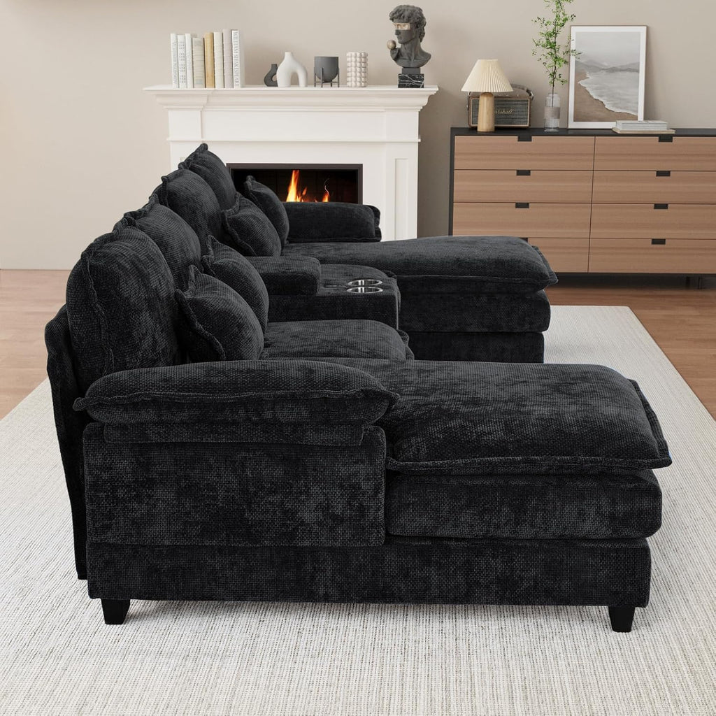 OUYESSIR U Shaped Cloud Sectional Couch, 132" Fluffy Modular Sofa Set with Double Chaise Lounge Central Console & USB Port, Comfy Chenille Big Sectional Couches for Living Room, Dark Black