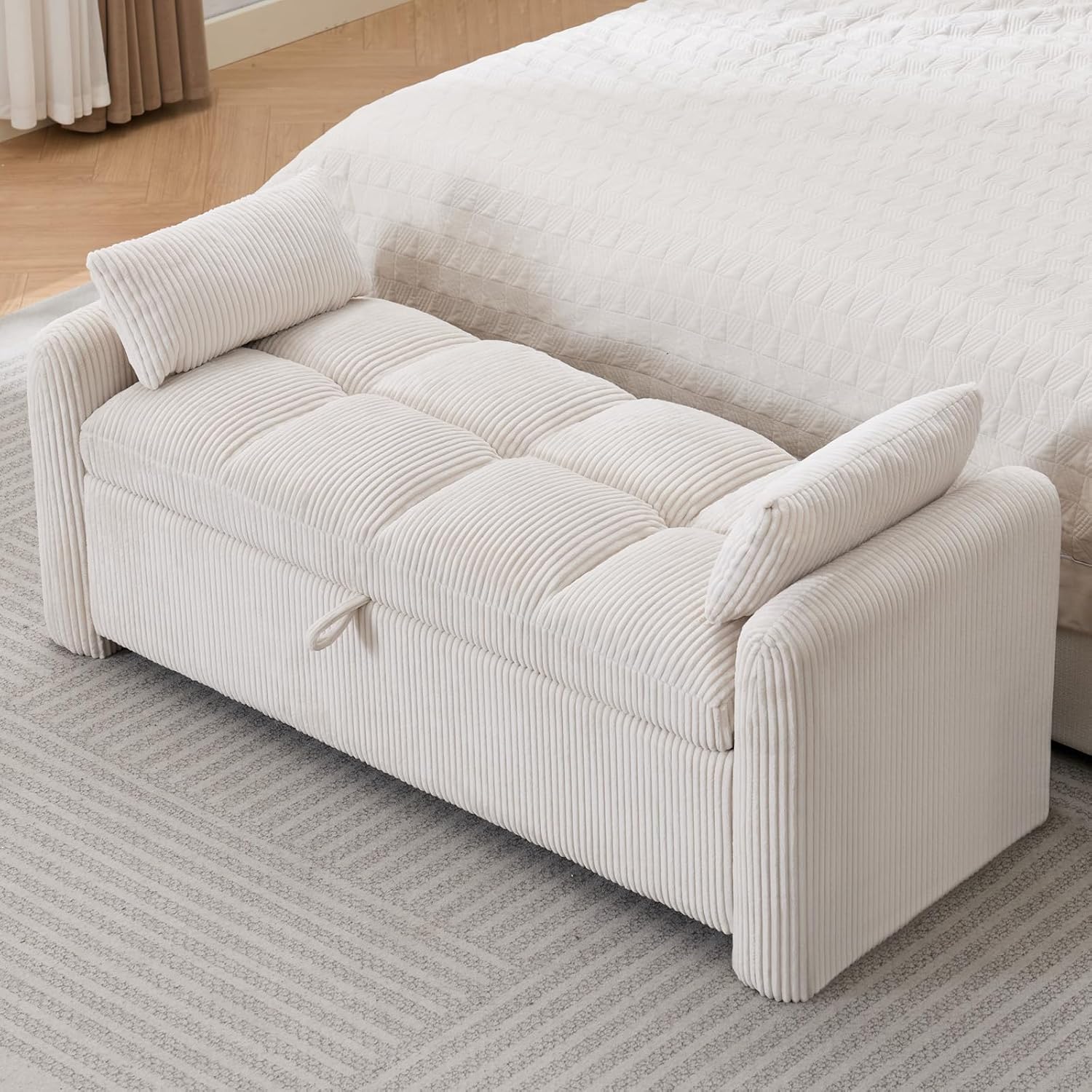 Storage Bench for Bedroom End of Bed, Upholstered Storage Ottoman Bench with Pillows for Foot of Bed, Bedroom,Living Room, Entryway, Corduroy White
