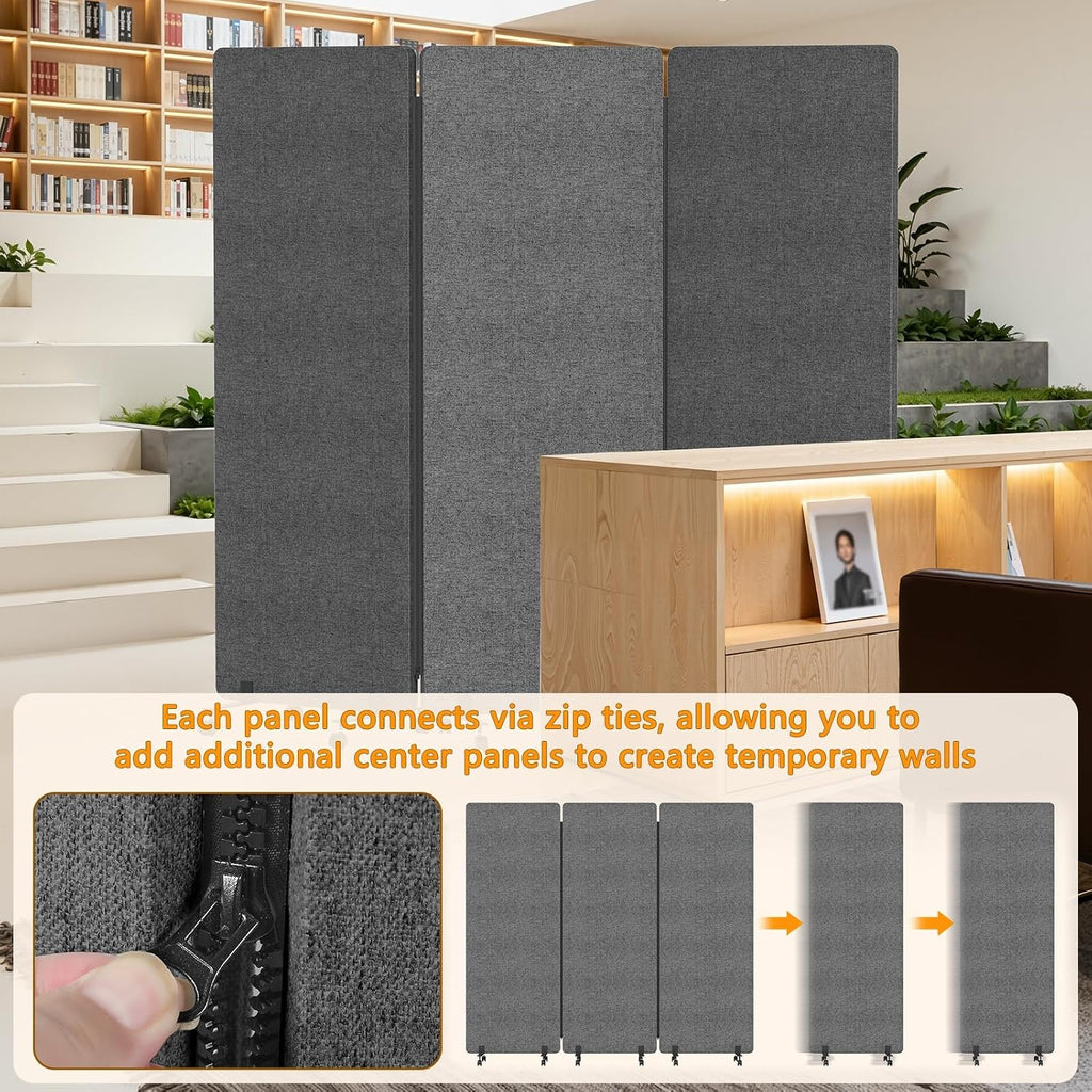 Soundproof Room Divider 3 Panels Rolling Room Divider with Wheels,Office Partitions Portable Wall, Freestanding Folding Partition Privacy Screens for Home, Office,Bedroom,Hospital,72x66in Dark Gray