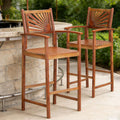 COSTWAY Outdoor Bar Chairs Set of 2, 29'' Tall Acacia Wood Barstools with Back Support, Armrest and Footrest, Patio High Top Chairs for Backyard, Poolside, Deck, Garden