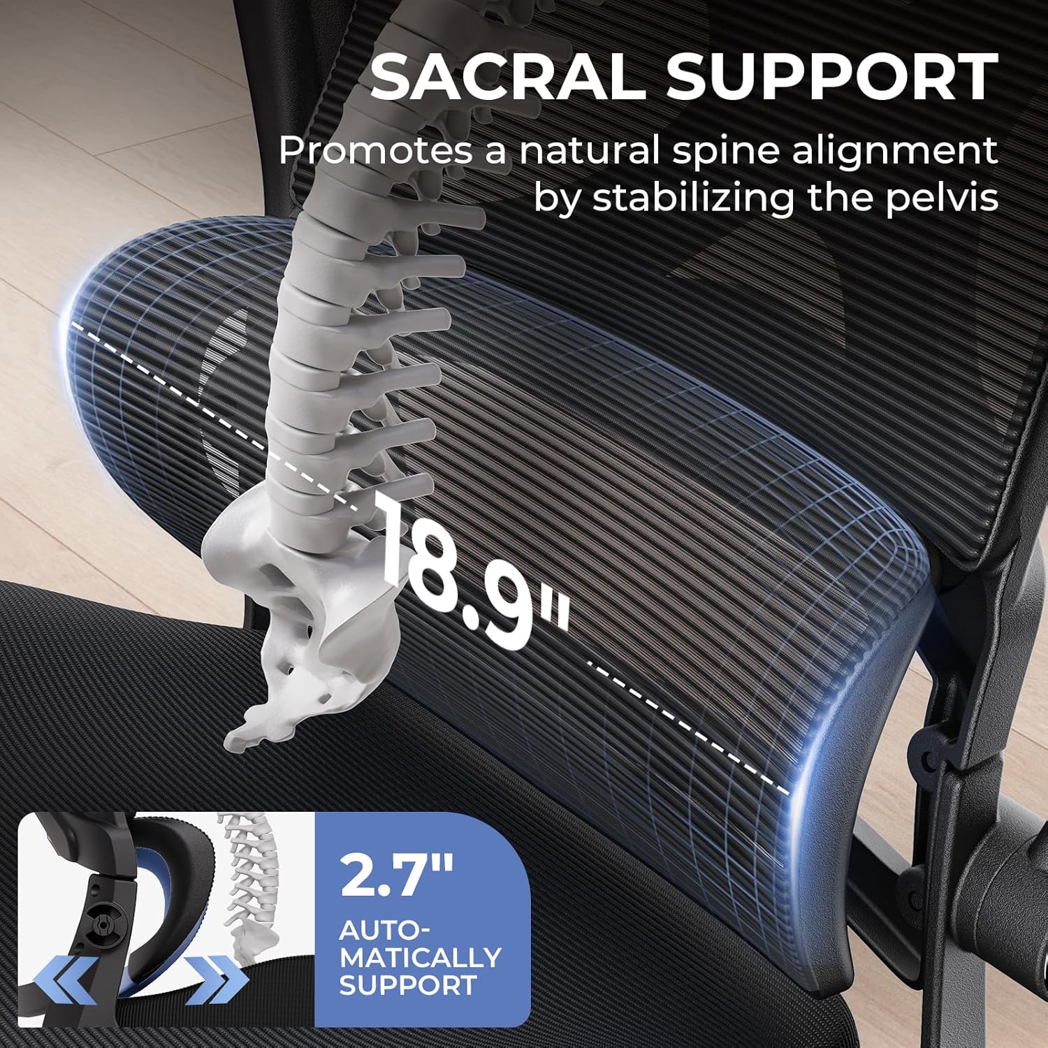 Ergonomic Chair - 350lbs Capacity for Big & Tall with 4.8" Thickened Seat Cushion, Sacral Lumbar Support and Flip-Up Arms for Home Office