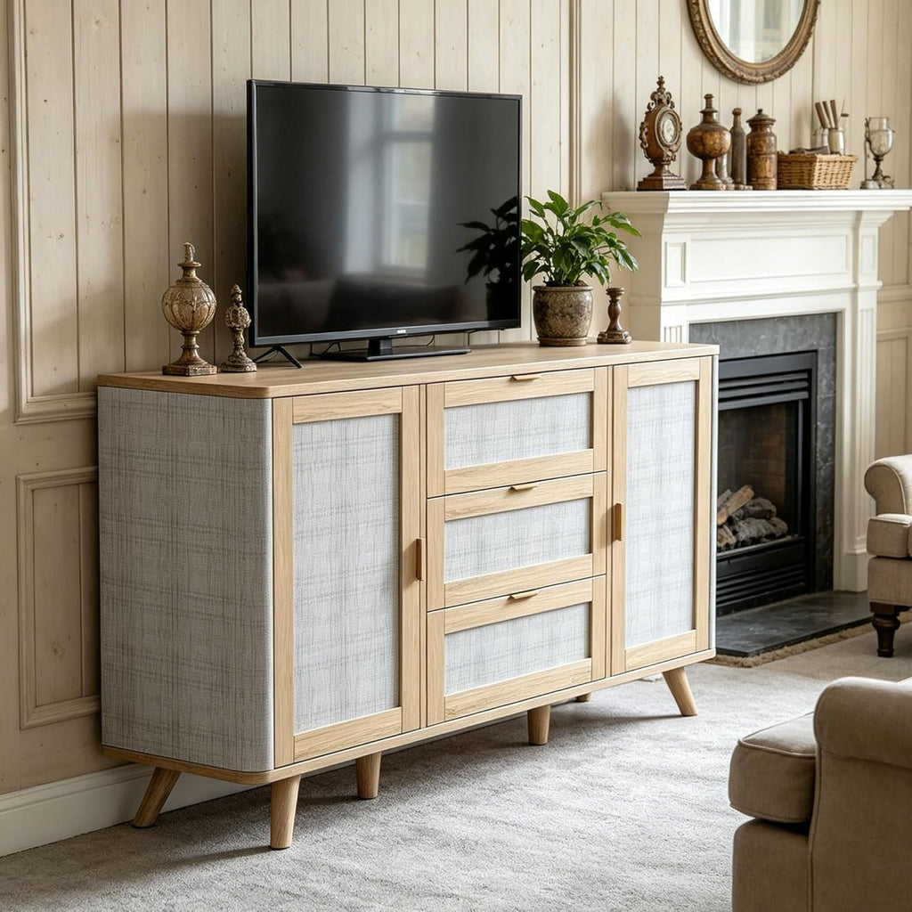 63" Large Farmhouse Storage Cabinet with 3 Drawers 2 Doors, Wood Buffet Sideboard Cabinet Coffee Bar for Kitchen, Living Room