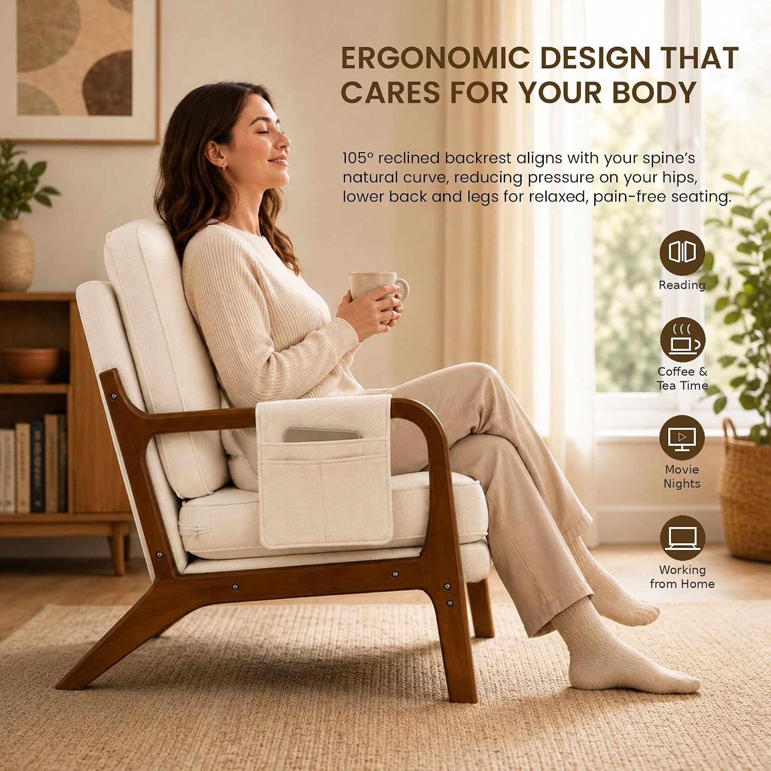 1 PCS Accent Chair for Living Room, Mid-Century Modern Armchair with Solid Wood Frame and Side Pocket, Upholstered Reading Chair for Bedroom, Small Spaces, Apartment, Beige