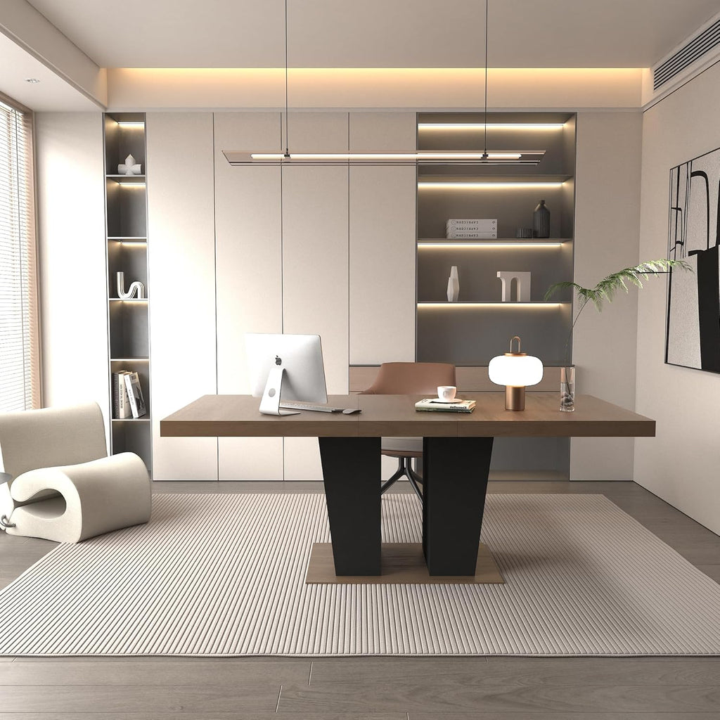 78.74" Extendable Dining Room Table for 4-10 People,Wooden Transformer Kitchen Dining Table with Black Double Sturdy Pedestal Base,Modern Expandable Large Table,Beige+Brown