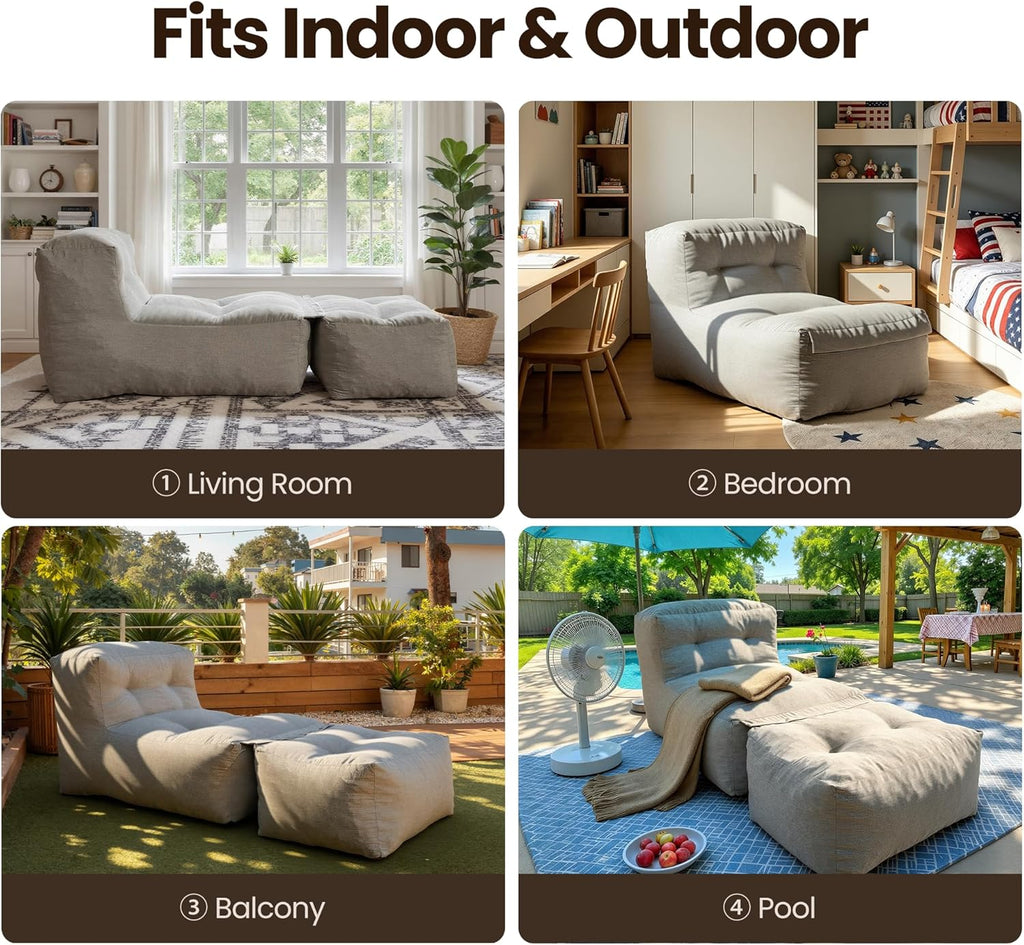Outdoor Indoor Bean Bag Chair with Ottoman, 2-in-1 Lounge Beanbag with Filling, Water-Repellent Polyester Patio Sofa, Full-Body Ergonomic Support Floor Seating, Dark Gray