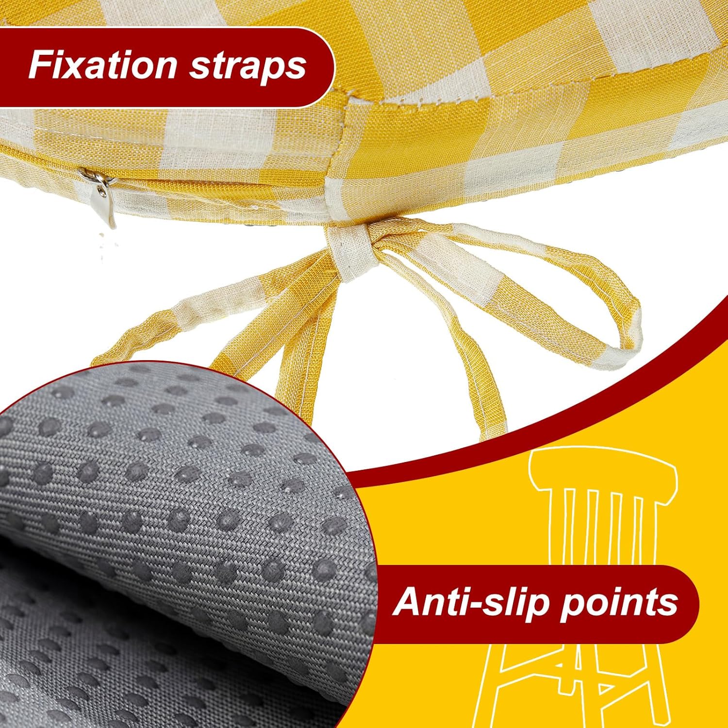 Geetery 4 Pcs Checkered Chair Cushion for Dining 17"x16"x2" Thick Buffalo Plaid Non-Slip Chair Pad with Tie and Removable Cover for Home Outdoor Patio Indoor Seat Cushion (Buffalo Gingham,Yellow)
