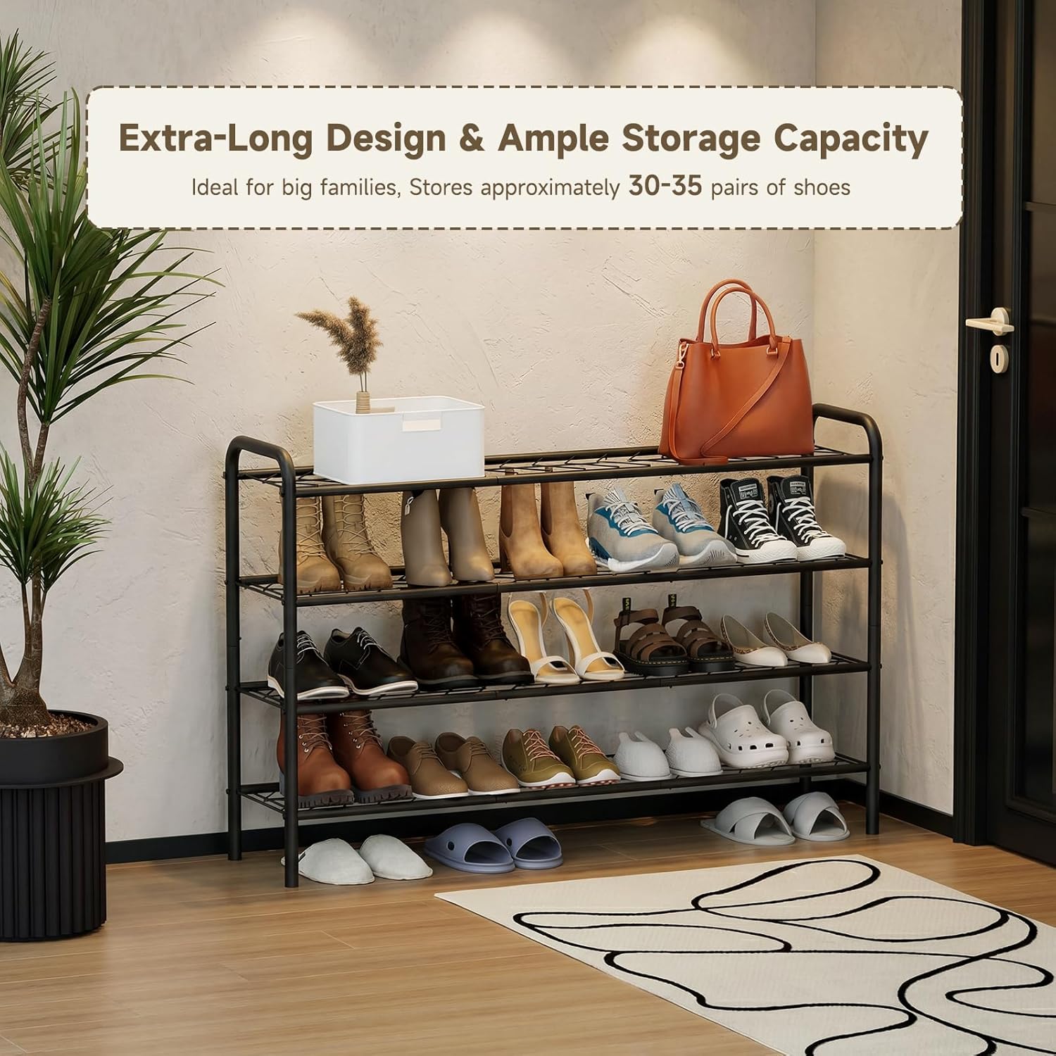 Shoe Rack,Long Shoe Organizer for Closet,Wide Shoe Storage for Entryway,4 Tier Sturdy Metal Free Standing Shoe Shelf