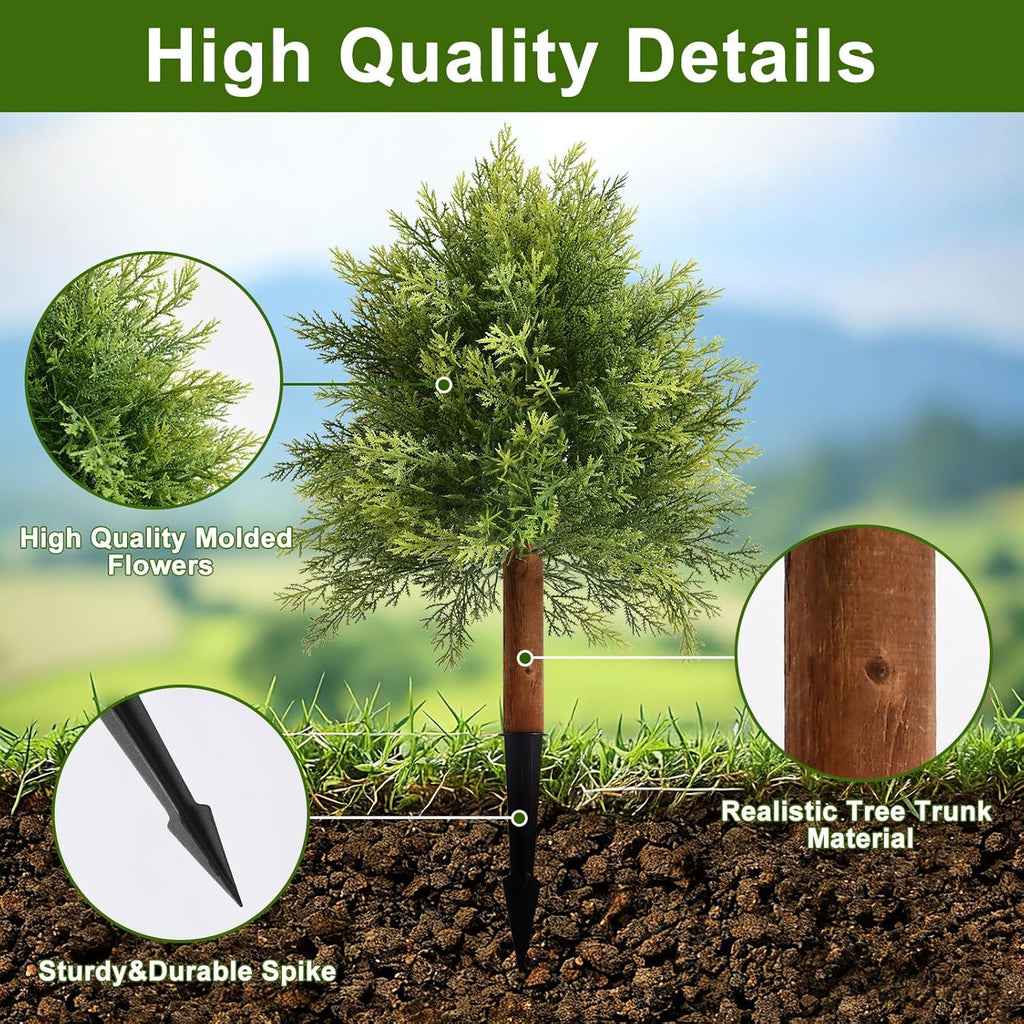 Artificial Cedar Topiary Ball Trees for Outdoors, Set of 2 Fake Evergreen Shrubs with Ground Spikes, Faux Outdoor Plants with Real Wood Stems for Front Porch Garden Patio Planters