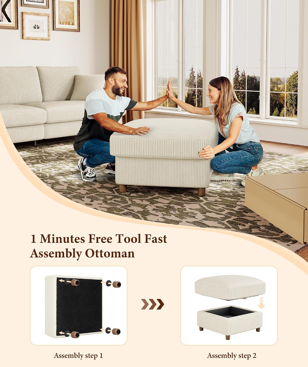 Kidirect Corduroy Ottoman with Storage, 25" Oversize Ottomans, Tool-Free Setup Storage Bench for Bedroom, Solid Wood Foot Rest, Comfy Foot Stool, Square Ottoman Coffee Table for Living Room, Beige