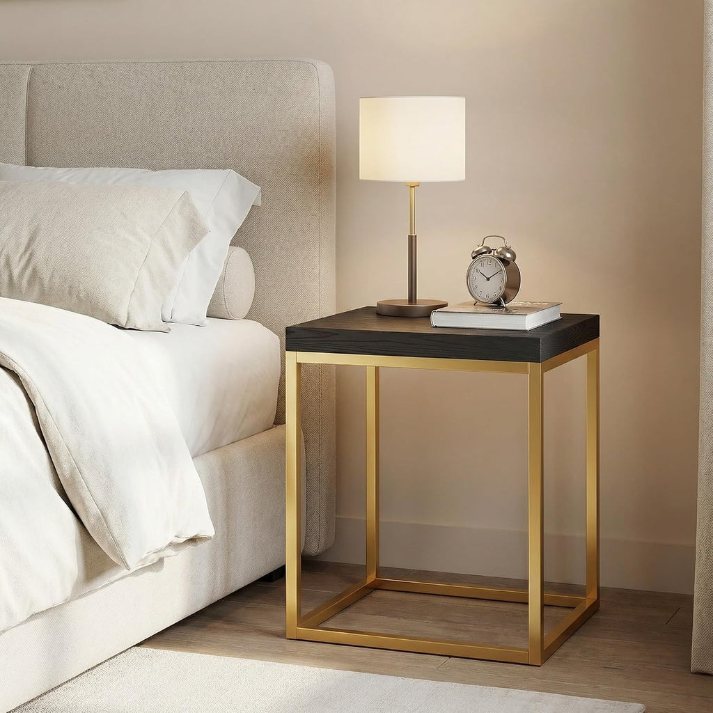 CENSI Modern Square End Table/Side Table, 18", Gold and Black | Extra Thick 1.6" Wood Top, Metal Frame, Industrial Nightstand, Black Oak Finish
