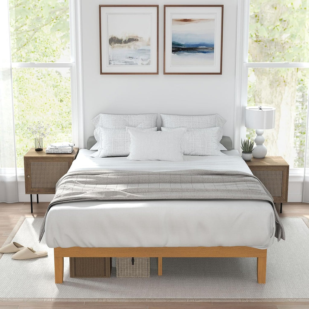 OLIXIS Full Size Bed Frame, 12 in Heavy Duty Platform Bedframe, Underbed Storage, 700 LBS Capacity, No Box Spring Needed, Wooden Slats,Easy Assembly, Honey Finish