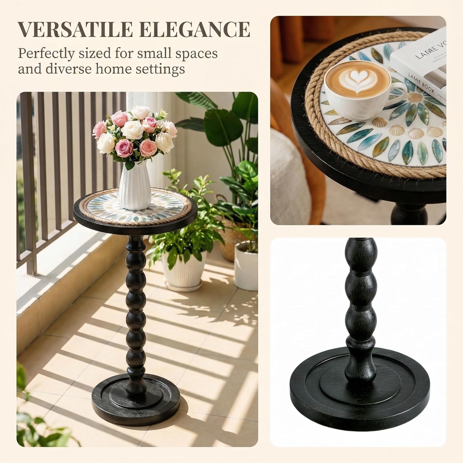 Round Side Table, Small Drink Table for Small Spaces, Rustic Accent Nightstand with Solid Wood Leg for Living Room, Bedroom, Corners, and Office, Handcrafted Finish (Black)
