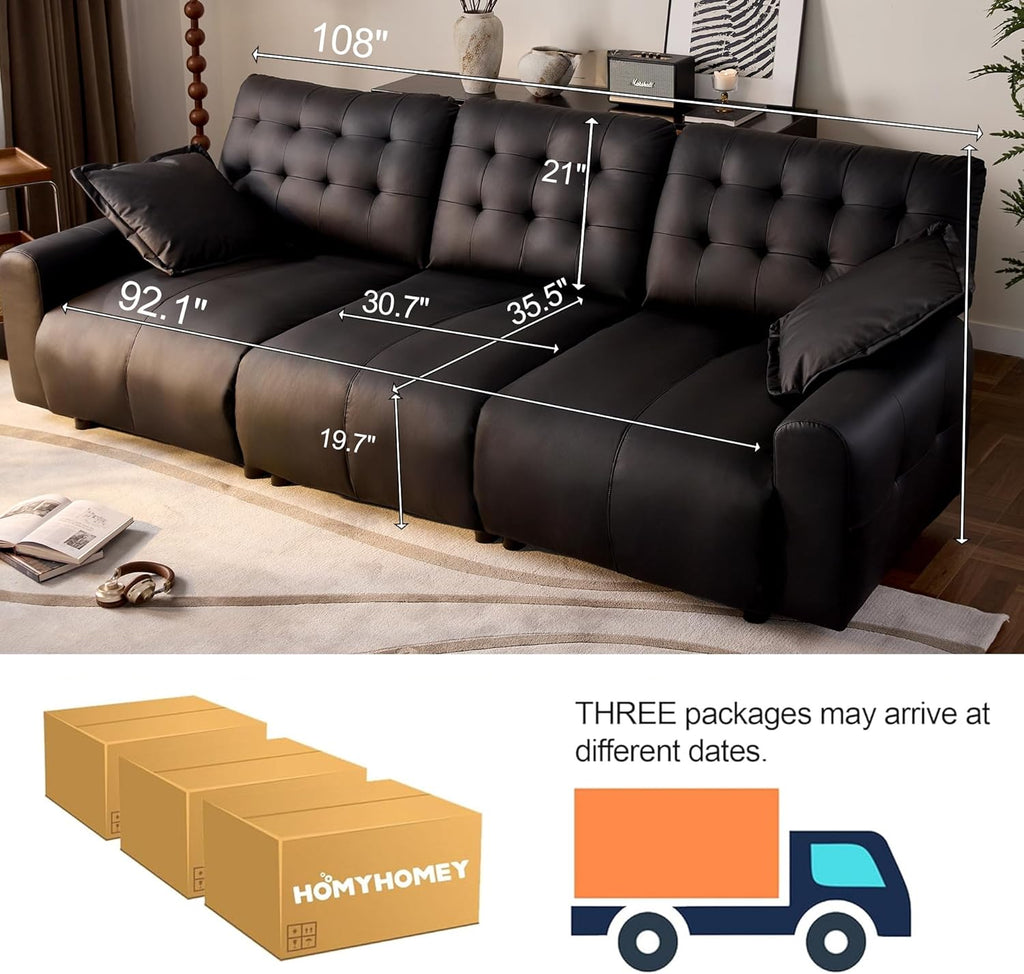 Oversized Sectional Couches for Living Room Extra Large Deep Seat Adjustable 2-Level Depth Back FSC Certified Pu Leather Cloud Couch Sleeper Sofa Chaise Detachable (Black, 3 Seat)