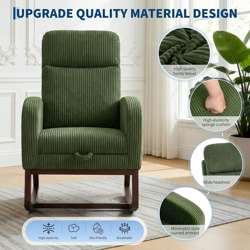 GarveeLife Nursery Rocking Chair,300lb Glider Chair with Solid Wood Legs/Two Side Pockets,Corduroy Upholstered Glider Rocker with Footrest High Backrest for Living Room/Bedroom/Nursery