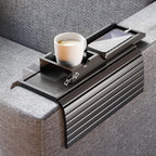 Bestjing Bamboo Couch Armrest Table, Sofa Arm Tray with Detachable Couch Cup Holder- 2 in 1 Anti-Slip Foldable Sofa Armchair Caddy Table for Drinks Cellphone TV Remote Snacks (Black)