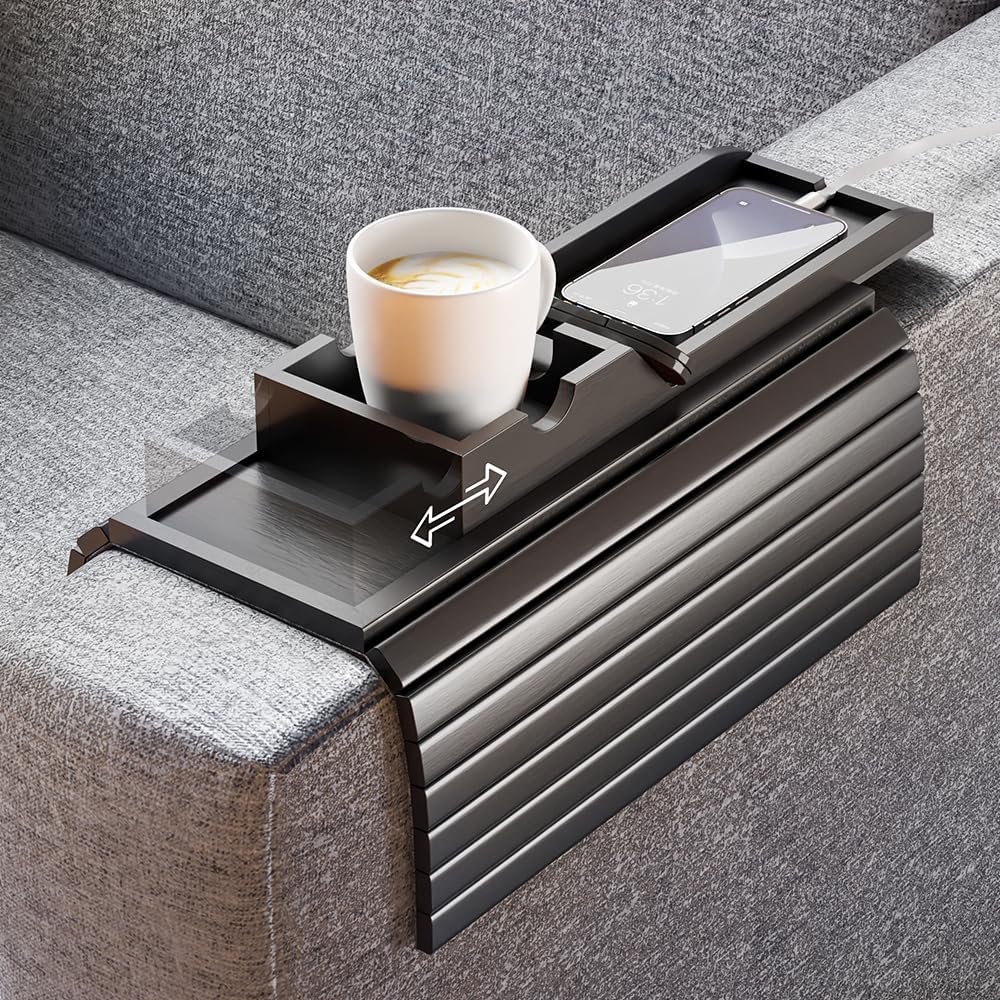 Bestjing Bamboo Couch Armrest Table, Sofa Arm Tray with Detachable Couch Cup Holder- 2 in 1 Anti-Slip Foldable Sofa Armchair Caddy Table for Drinks Cellphone TV Remote Snacks (Black)