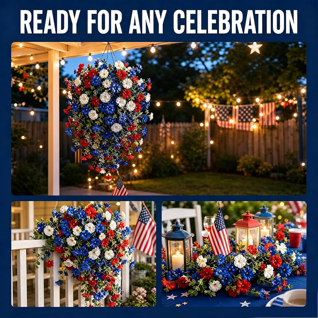 4th of July Decoration Tricolor Patriotic Artificial Flower, UV Resistant Red White Blue Artificial Morning Glory Vines, Patriotic Artificial Plants for Independence Day, Outdoor Decor (2 Pcs)