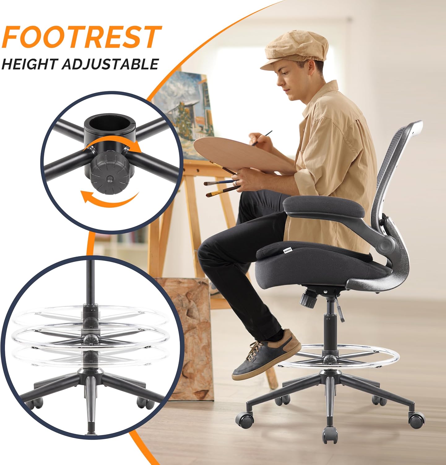 Drafting Chair Tall Office Chair, Ergonomic Standing Desk Computer Stools with, Flip-up Armrests, Adjustable Height and Big Foot-Ring, Comfortable Double Seat Cushion Foam Seat(Balck)