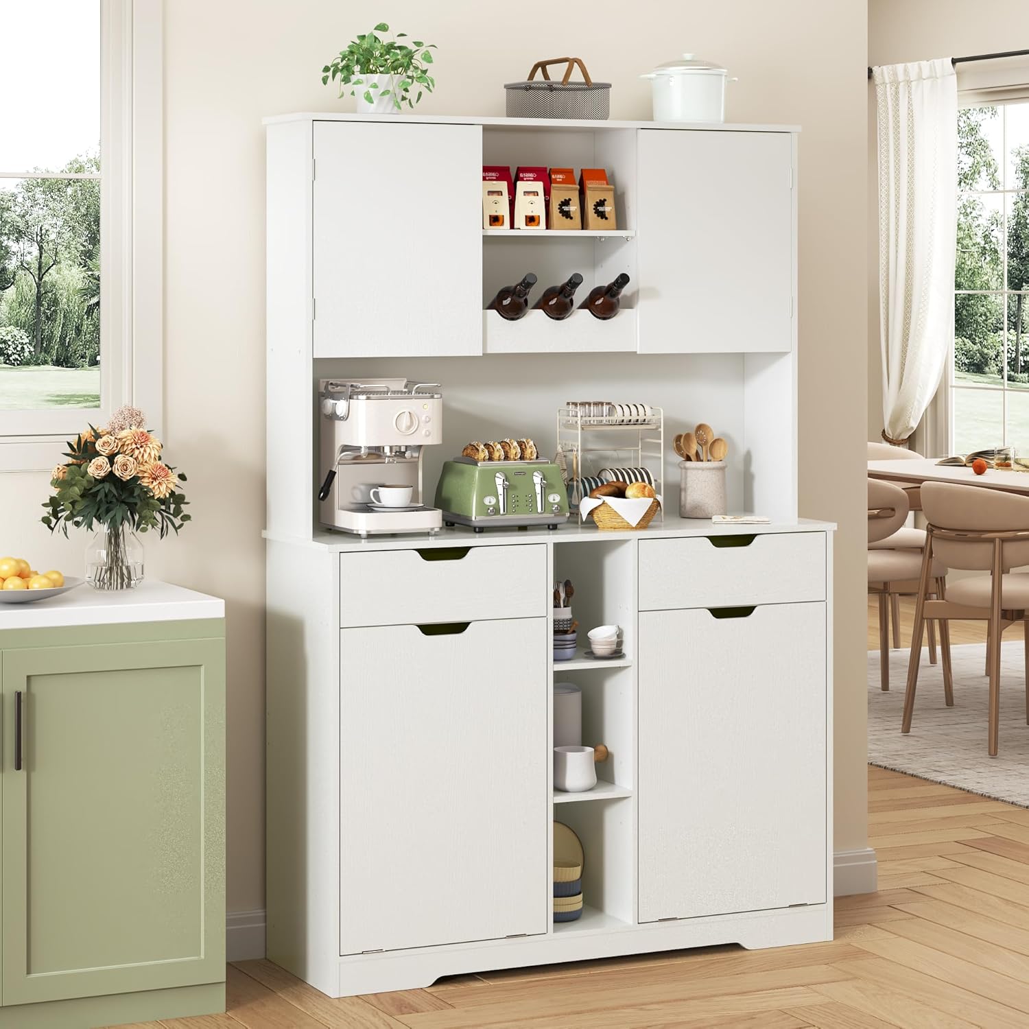 71"H Kitchen Pantry Storage Cabinet with Power Outlets and Two Drawers,10X2 Gallon Kitchen Hidden Double Tilt Out Trash Can Cabinet with Trash Bin Storage Holders,Laundry Hamper Cabinets(White)