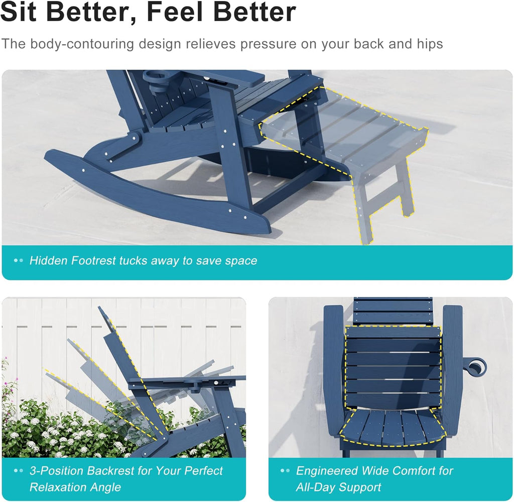 HDPE Adirondack Rocking Chair Set of 2, 4-in-1 Folding Design with Retractable Ottoman, Outdoor Adirondack Chair with 3-Position Adjustable Backrest & Cup Holder for Porch, Backyard, Pool, Navy Blue