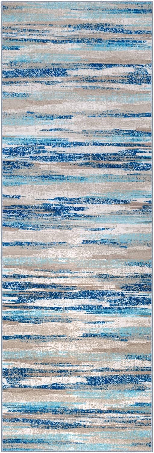 Lansny Abstract Runner Rug 2x6, Blue Washable Hallway Runner Rug Non-Slip, Soft Printed Kitchen Runner, Thin Faux Wool Runners for Hallways, Modern Floor Carpet for Entryway Bedroom Hall Indoor