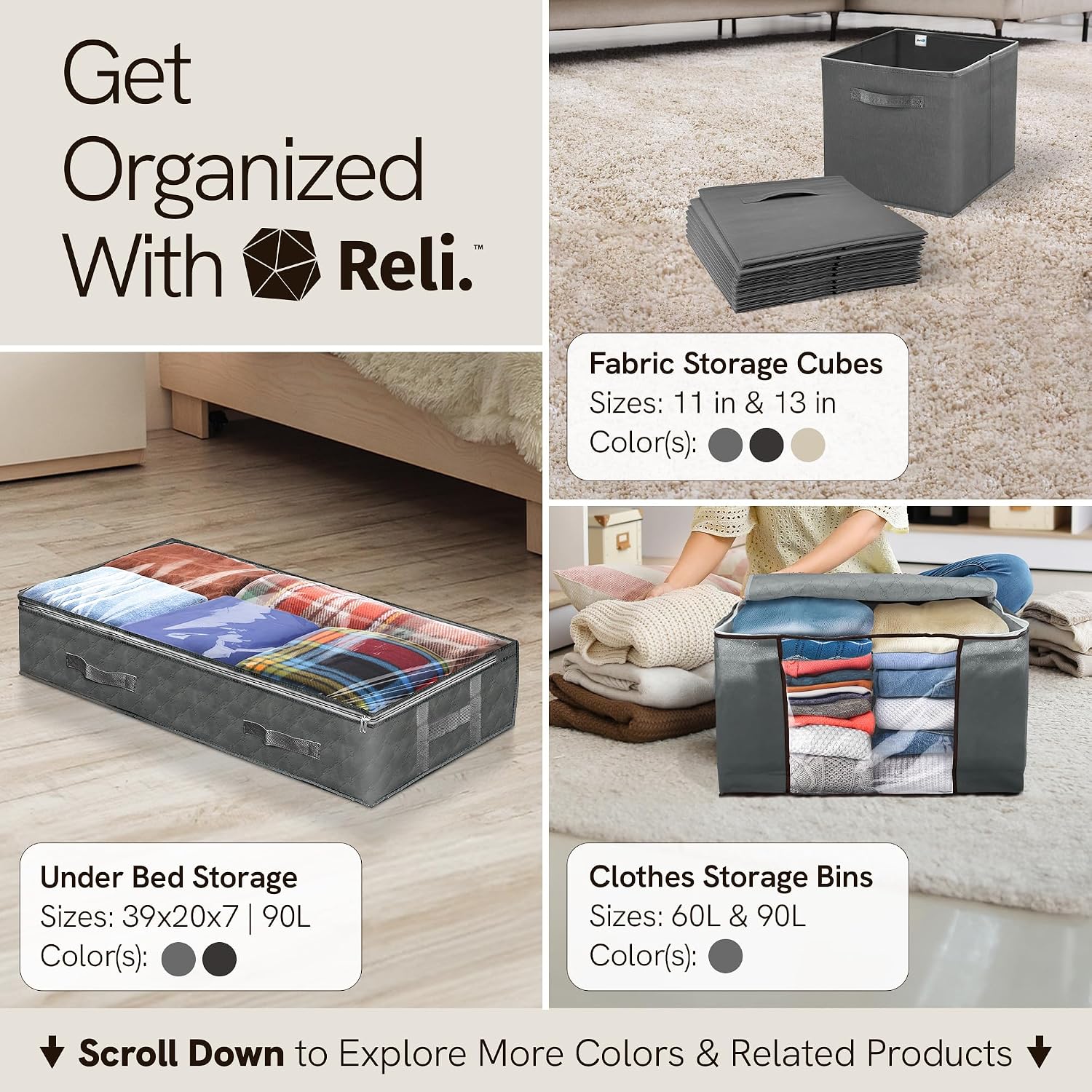 Reli. 90L Under Bed Storage Containers (4 Pack) | Closet Organizer with Clear Window | Underbed Storage Bins for Towels, Sweaters, Linens | Large Organizer for Closet (Gray)