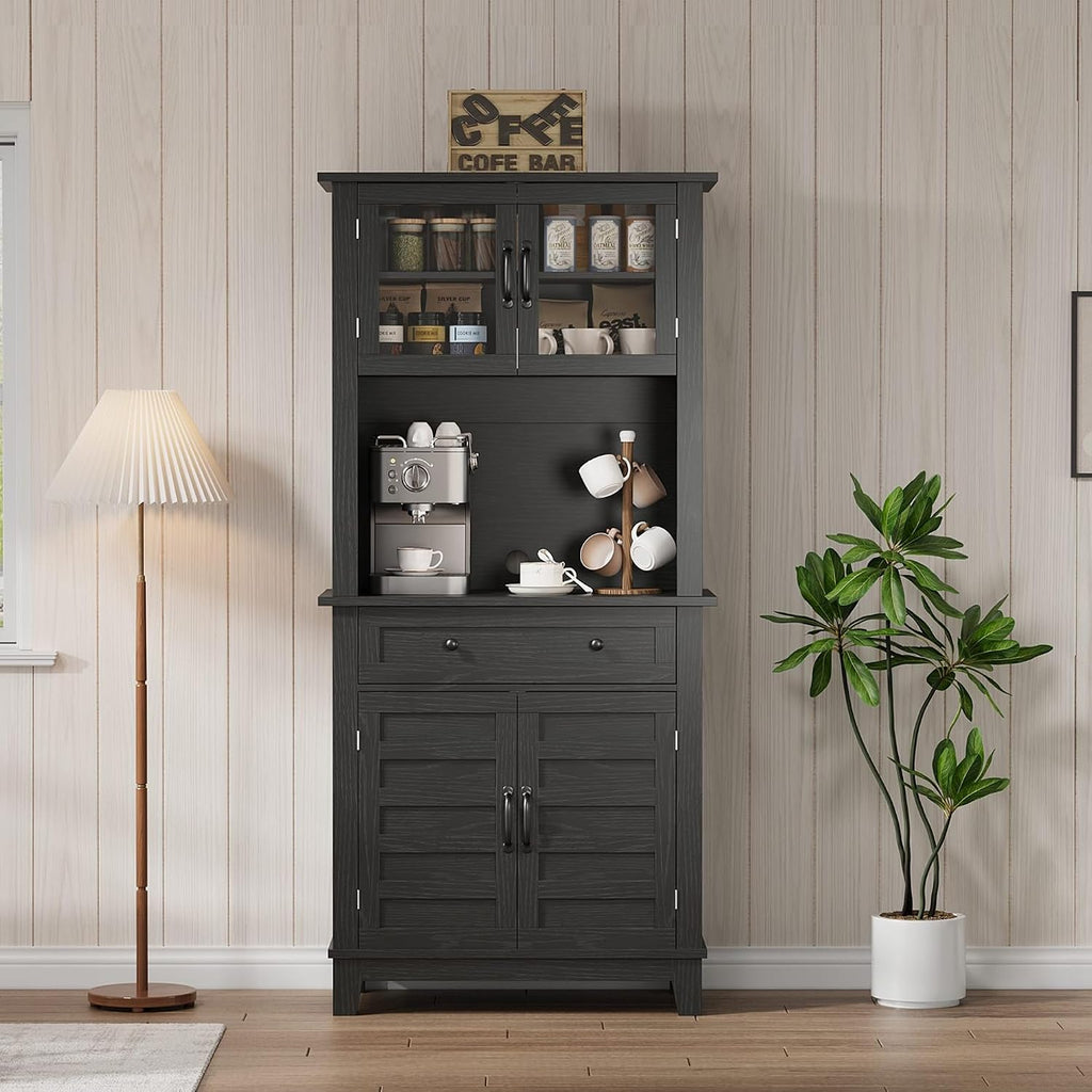 GAOMON 72“ Tall Pantry Cabinet with Drawer, 32” Wide Kitchen Pantry Storage Cabinet with Countertop, Large Kitchen Hutch with Storage Drawers and Doors for Dining Room, Living Room, Black