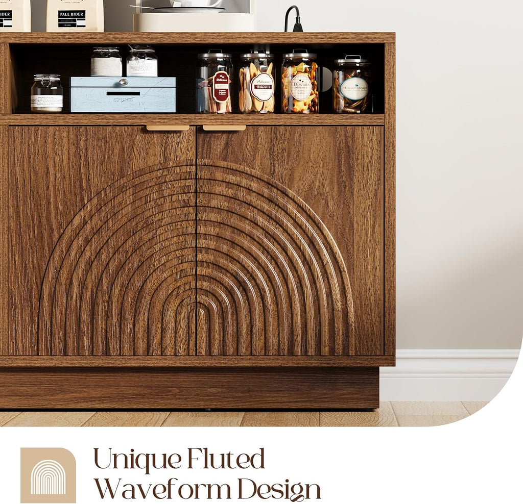 Modern Sideboard Buffet Cabinet with Storage - 58" Fluted Credenza Strorage Cabinet with LED Light & Power Outlet, Adjustable Shelf, Accent Console Table Coffee Bar for Kitchen Living Room