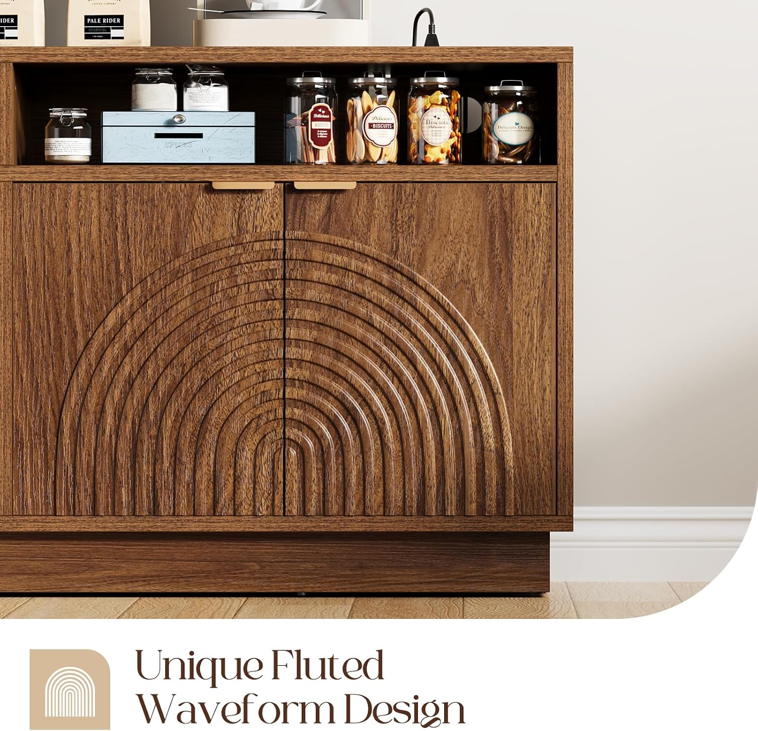 Modern Sideboard Buffet Cabinet with Storage - 58" Fluted Credenza Strorage Cabinet with LED Light & Power Outlet, Adjustable Shelf, Accent Console Table Coffee Bar for Kitchen Living Room