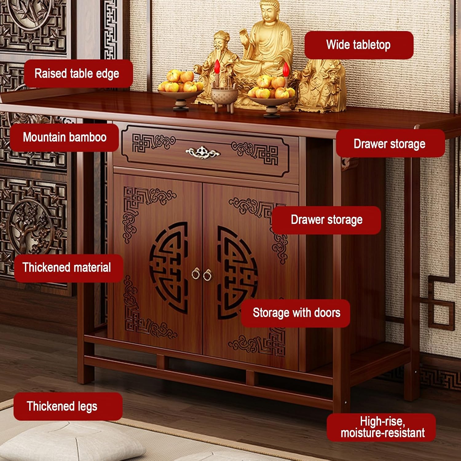 Chinese Cabinet Pedestal offering, Stand puja Meditation Prayer, Personal Shrine Altar Buddha Niche, Meditation Table Pooja Cabinet with Storage, with Drawer Panel(120cm/47.2in)
