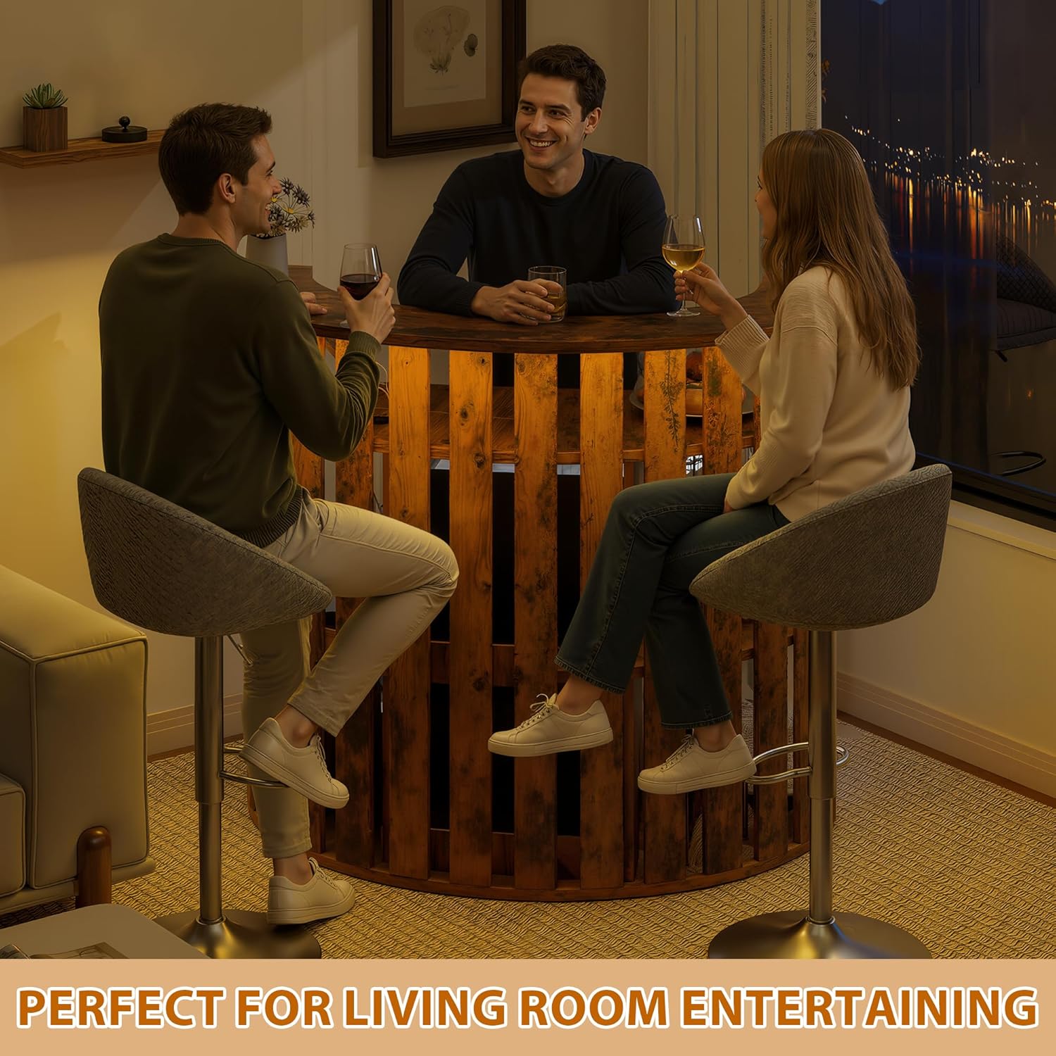 Drinks Bar Table with Fridge Space,4-Tier Home Bar Cabinet with Storage & Glass Holder,Power Outlet, Arc-Shaped Modern Liquor Cabinet for Home, Wooden Bar Station for Living Room, Kitchen, Basement