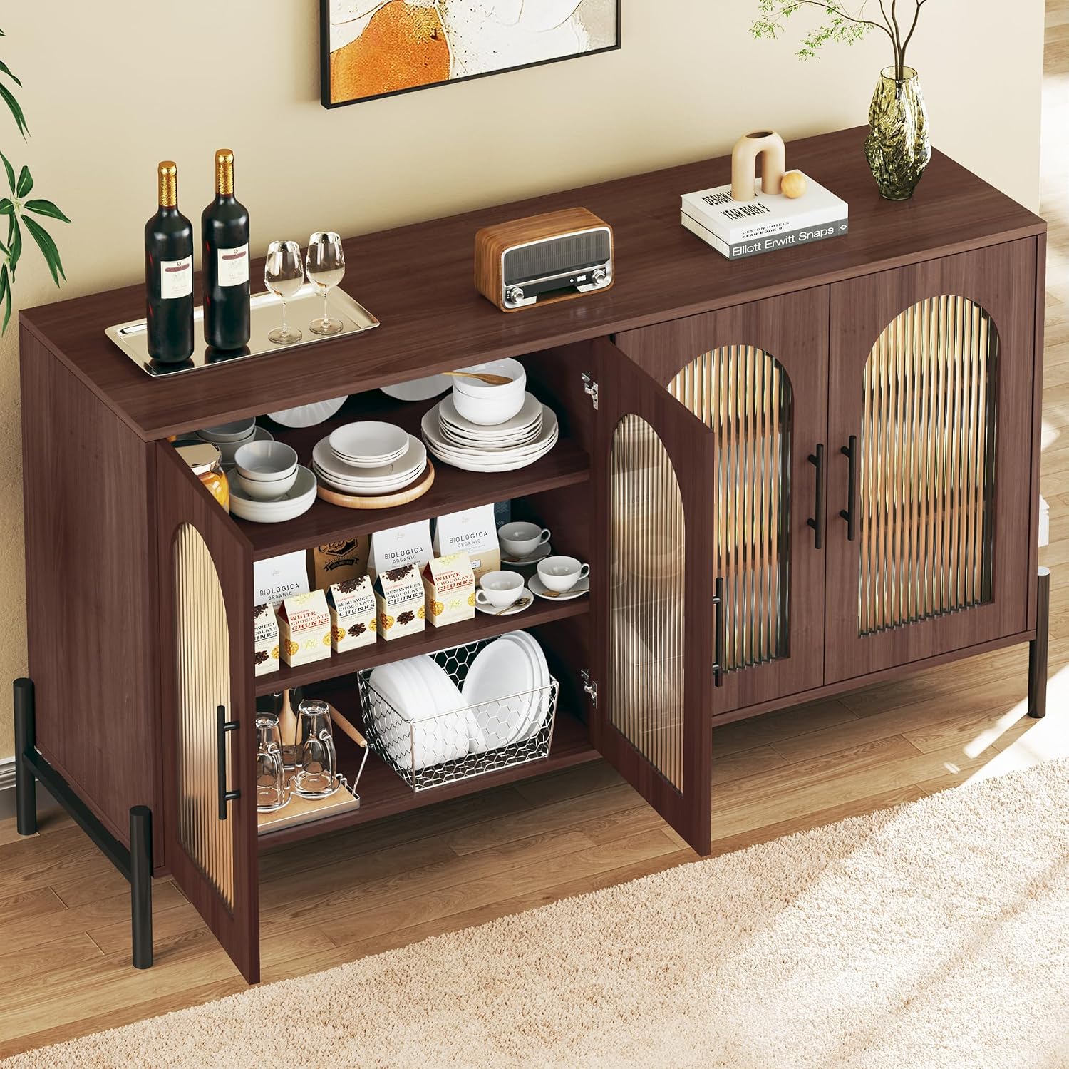 HUAHUU 55" Buffet Cabinet with Storage, Large Sideboard Cabinet with Fluted Doors & Adjustable Shelves, Modern Kitchen Storage Cabinets for Living Room, Entryway, Walnut