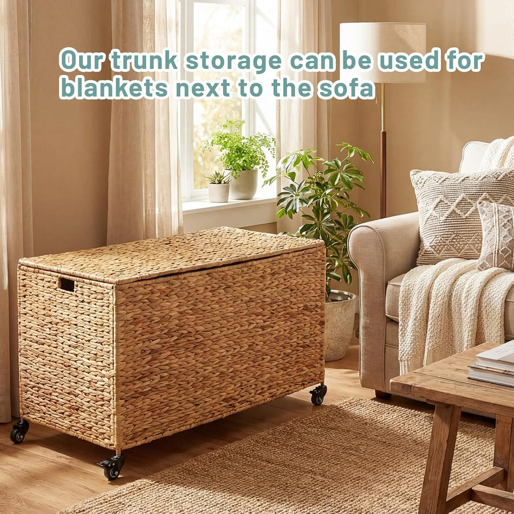 Wonderjune 36 x 20 x 18.5 Inch Rolling Wicker Storage Basket with Lid and Locking Wheels, Water Hyacinth Storage Trunk, Heavy Duty Metal Frame Woven Blanket for Seasonal Clothes Laundry Room, Bedroom