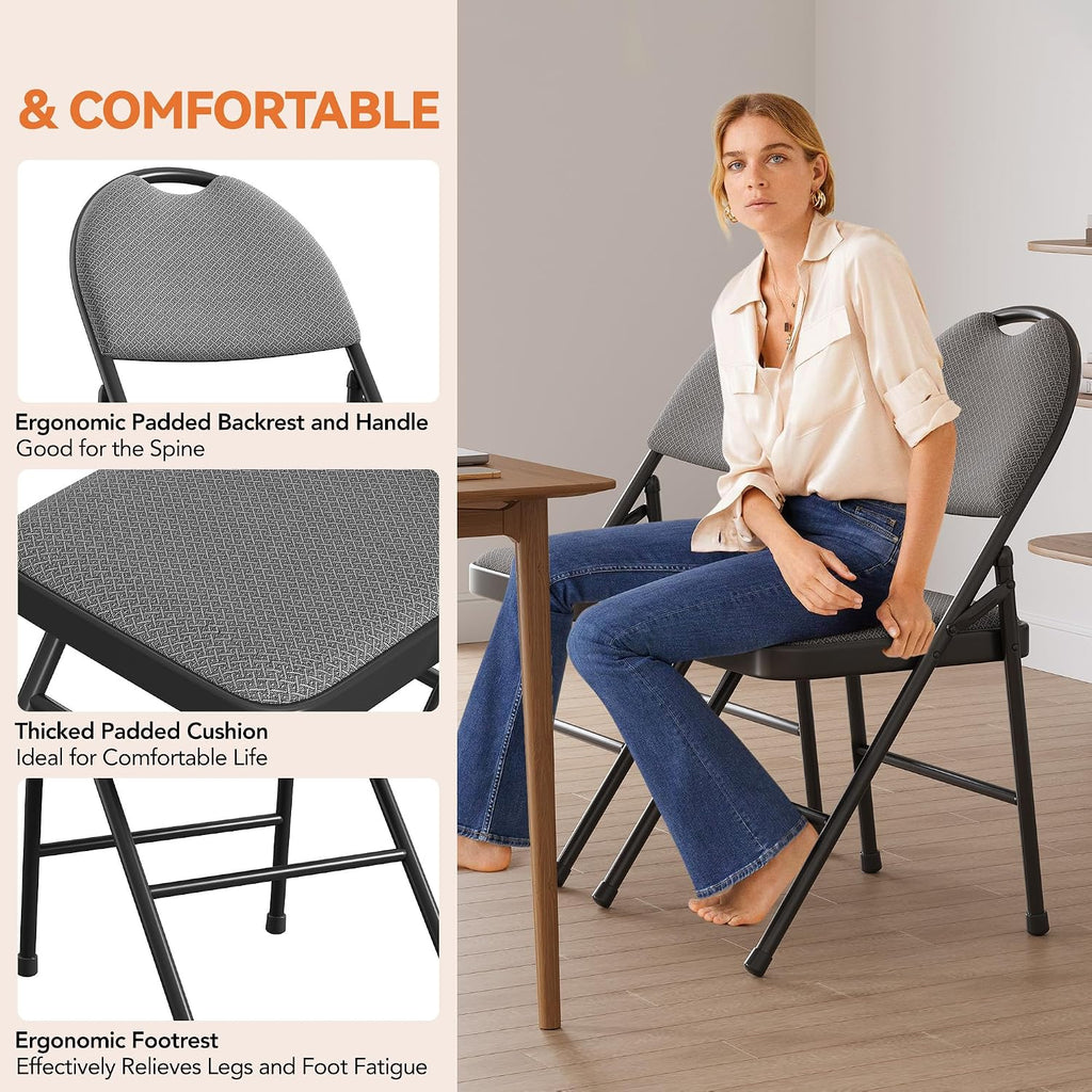 4 Pack Padded Folding Chairs for Home & Events Linen Cushion Seat & Backrest Sturdy Metal Frame Stackable Lightweight Comfortable No Assembly for Indoor Outdoor- Dark Grey
