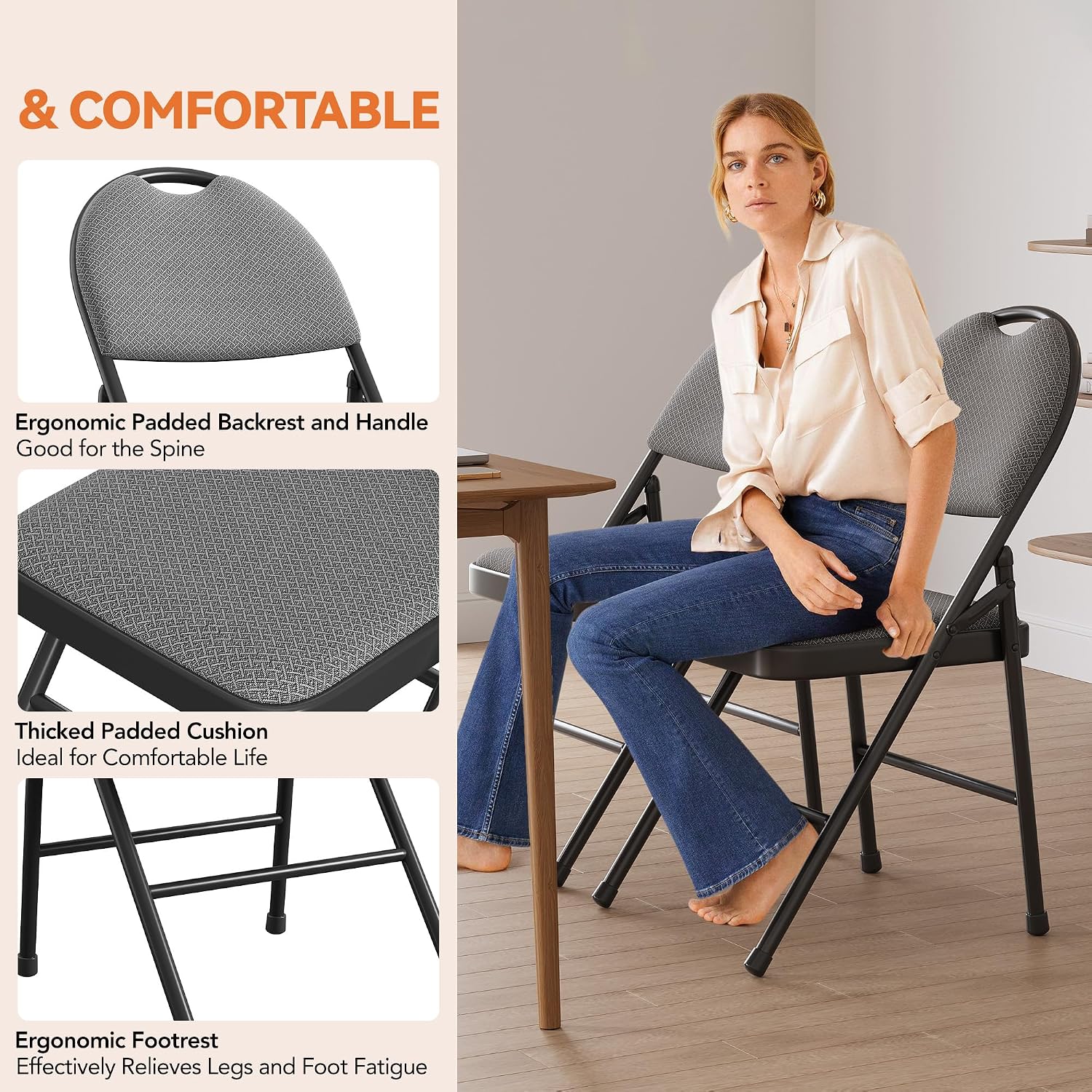 4 Pack Padded Folding Chairs for Home & Events Linen Cushion Seat & Backrest Sturdy Metal Frame Stackable Lightweight Comfortable No Assembly for Indoor Outdoor- Dark Grey