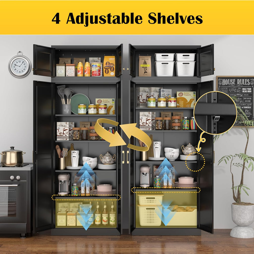 Steeloong86“ Kitchen Pantry Cabinet,Metal Storage Cabinets with Doors and 4 Adjustable Shelves,Black Kitchen Cabinet with 4 Gold Handles,Tall Cabinet for Livingroom,Pantry, Bathroom