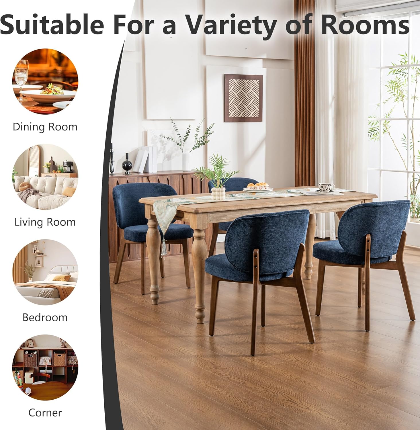 YOUNIKE Dining Chair with Back Single Mid Century Modern Kitchen Chair Boucle Fabric Upholstered Armless Chair 20" Wide Padded Seat with Wooden Legs for Kitchen Dining Living Room Bedroom Navy Blue