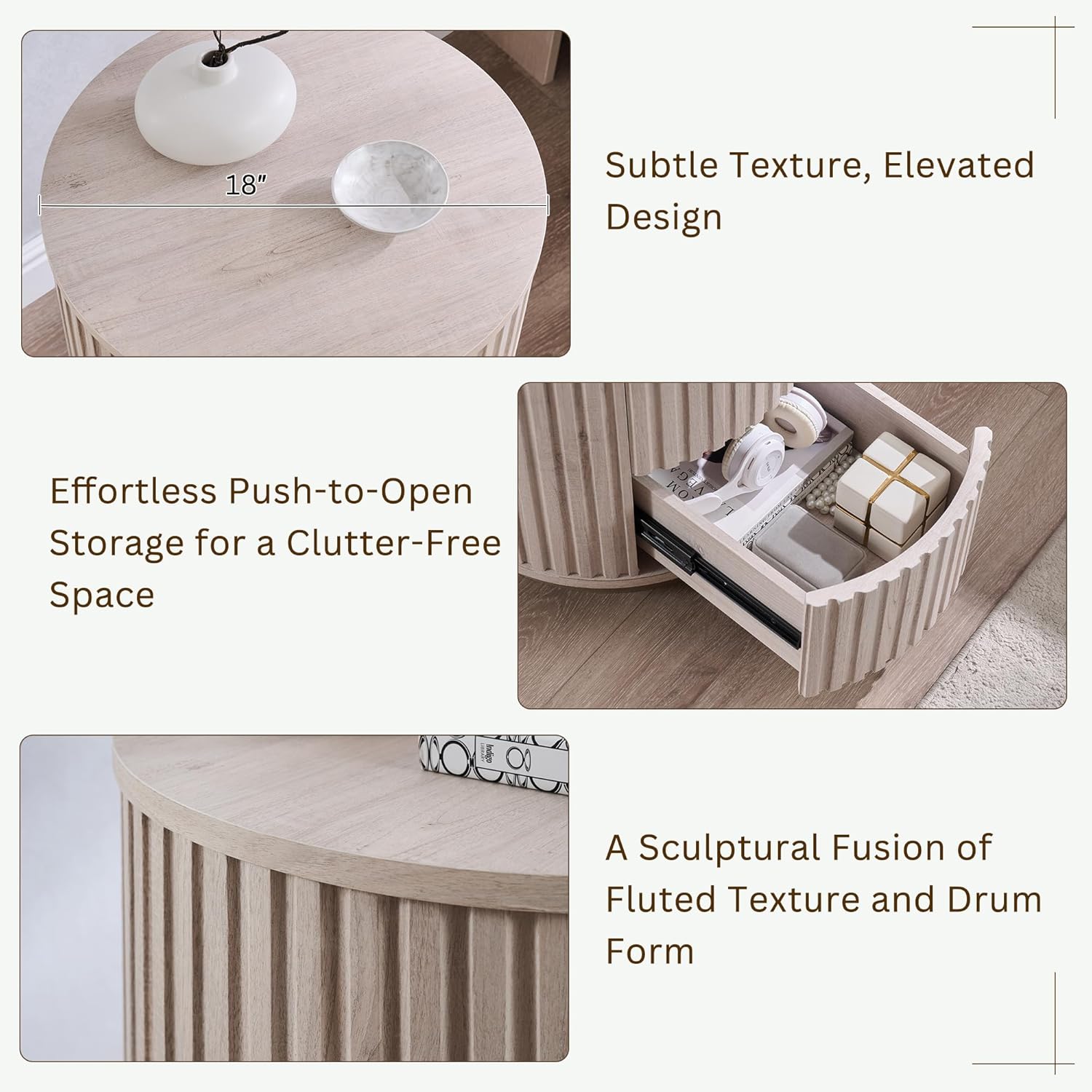 JXQTLINGMU Fluted Nightstand Set of 2 with 3 Push-to-Open Drawers, 24" Tall Round Side Table, Modern Wood End Table for Bedroom, Living Room or Small Spaces, White Alder