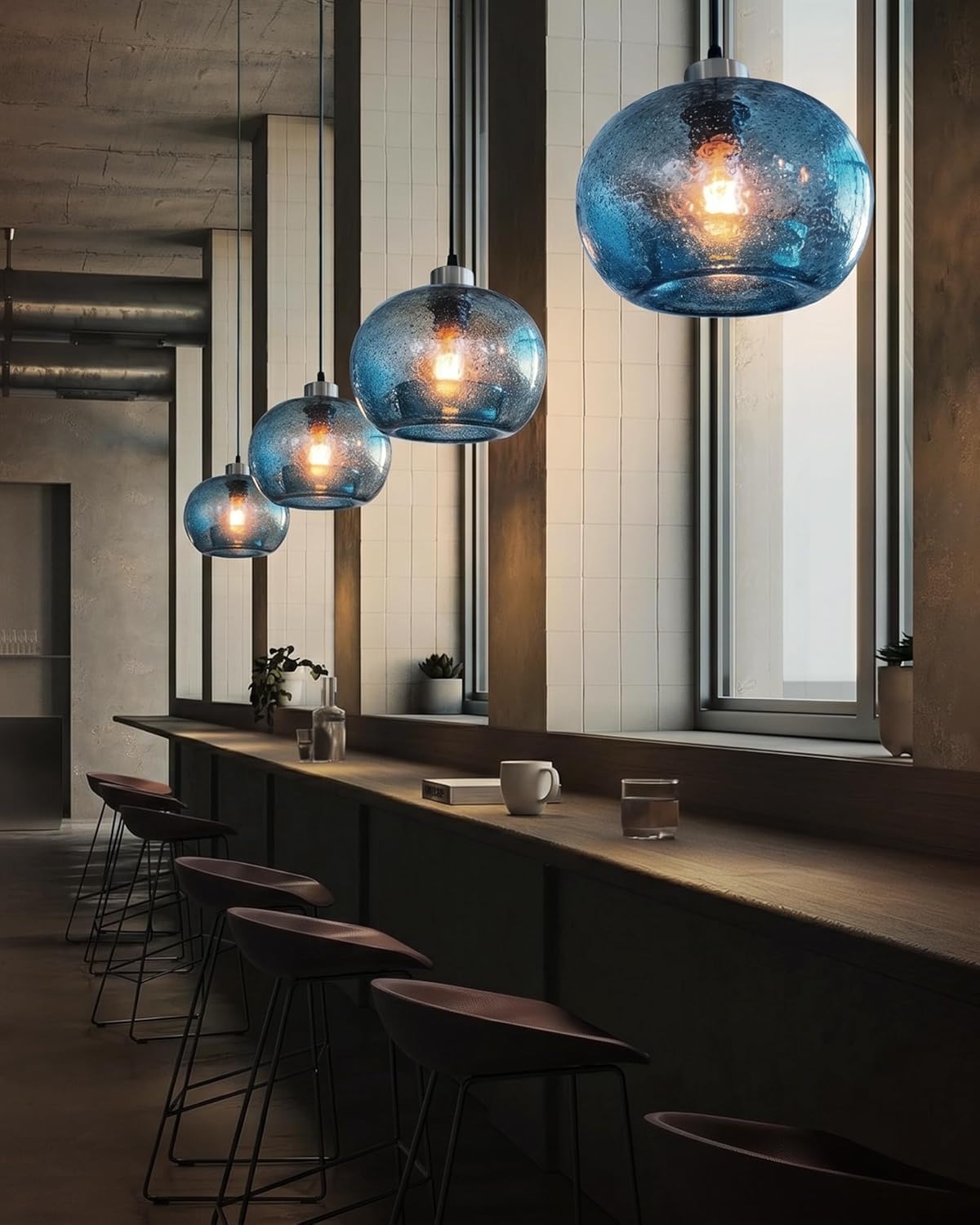 CASAMOTION Hand Blown Glass Pendant Lights Kitchen Island Marble Blue Color Modern Rustic Style Ceiling Hanging Light Fixtures Dining Room Brushed Nickel 8.7 Inch Diameter 2 Pack