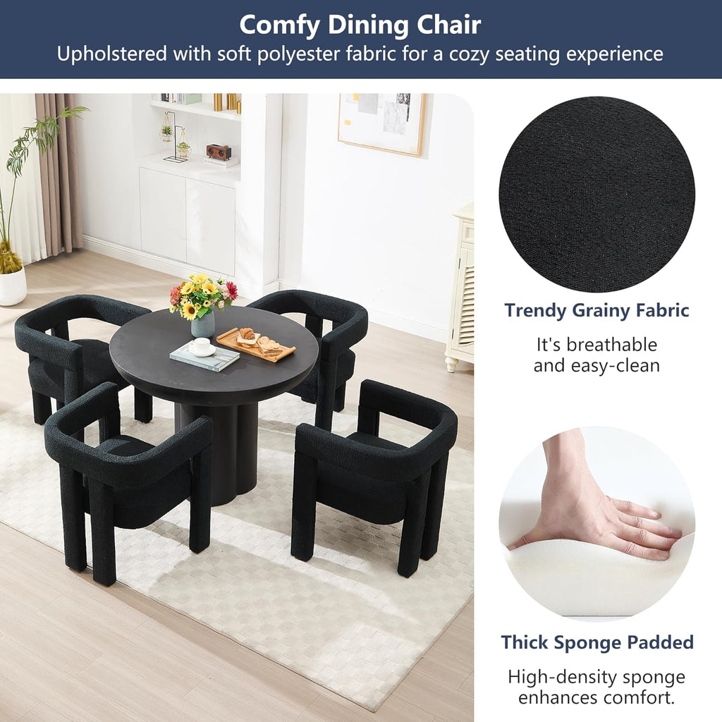 Boucle Barrel Side Chairs Set of 4, Modern Designed Upholstered Compy Sherpa Teddy Fabric Accent Kitchen/Dining Chair, Kitchen Armchair for Living Room office Dining Room Bedroom (Black, Set of 4)